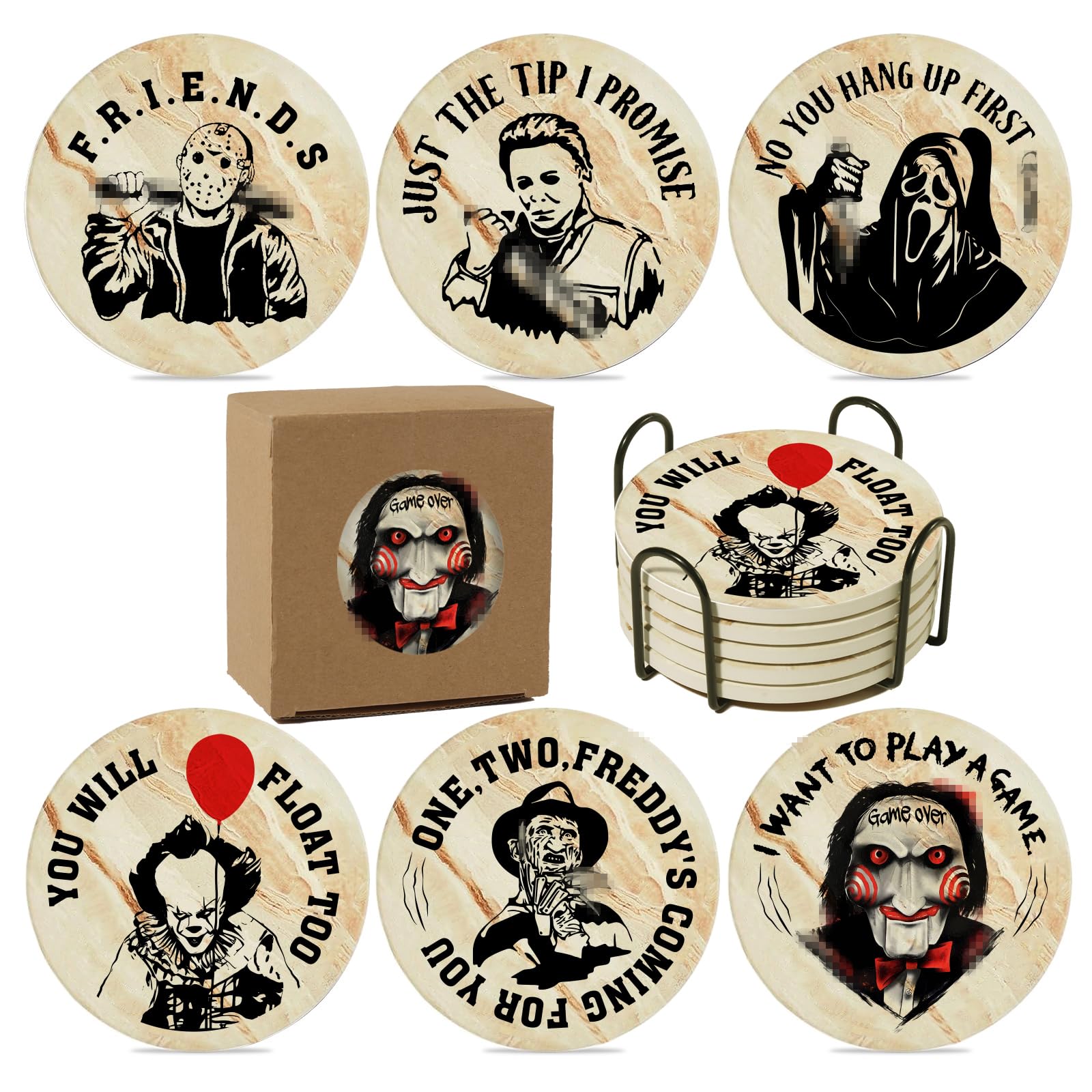 Halloween Horror Coasters for Drinks,6PCS Spooky Coasts Set with Coaste Holder,Stone&Cork Coaster for Coffee Table,Scary Killer for Home Decor,Merchandise Show Gifts
