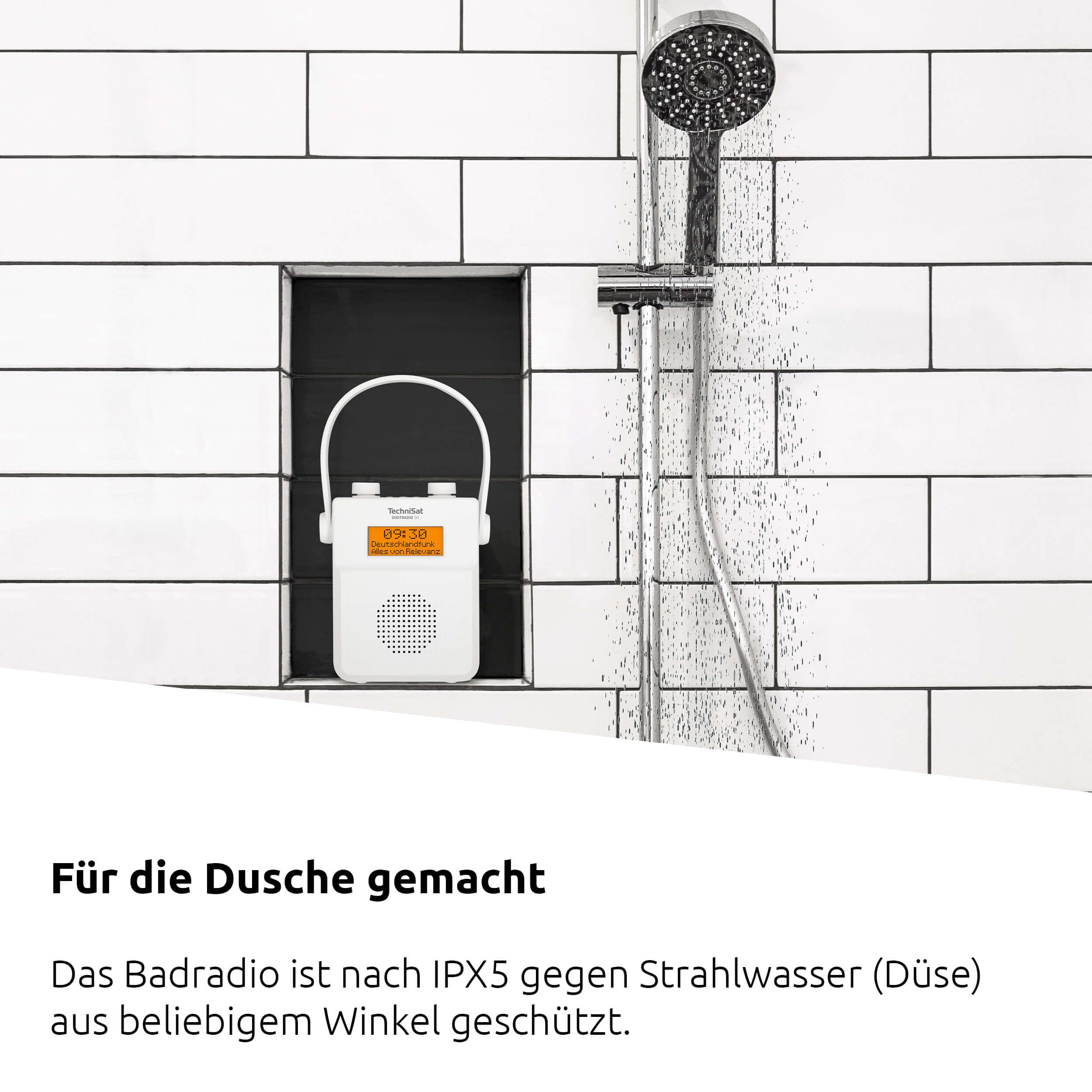 TechniSat DIGITRADIO 30 - Radio de Douche Dab+ étanche (FM, Radio numérique Dab, Batterie intégrée, Bluetooth, étanche Selon IPX5, réveil, mémoire des favoris, Prise Casque) Blanc