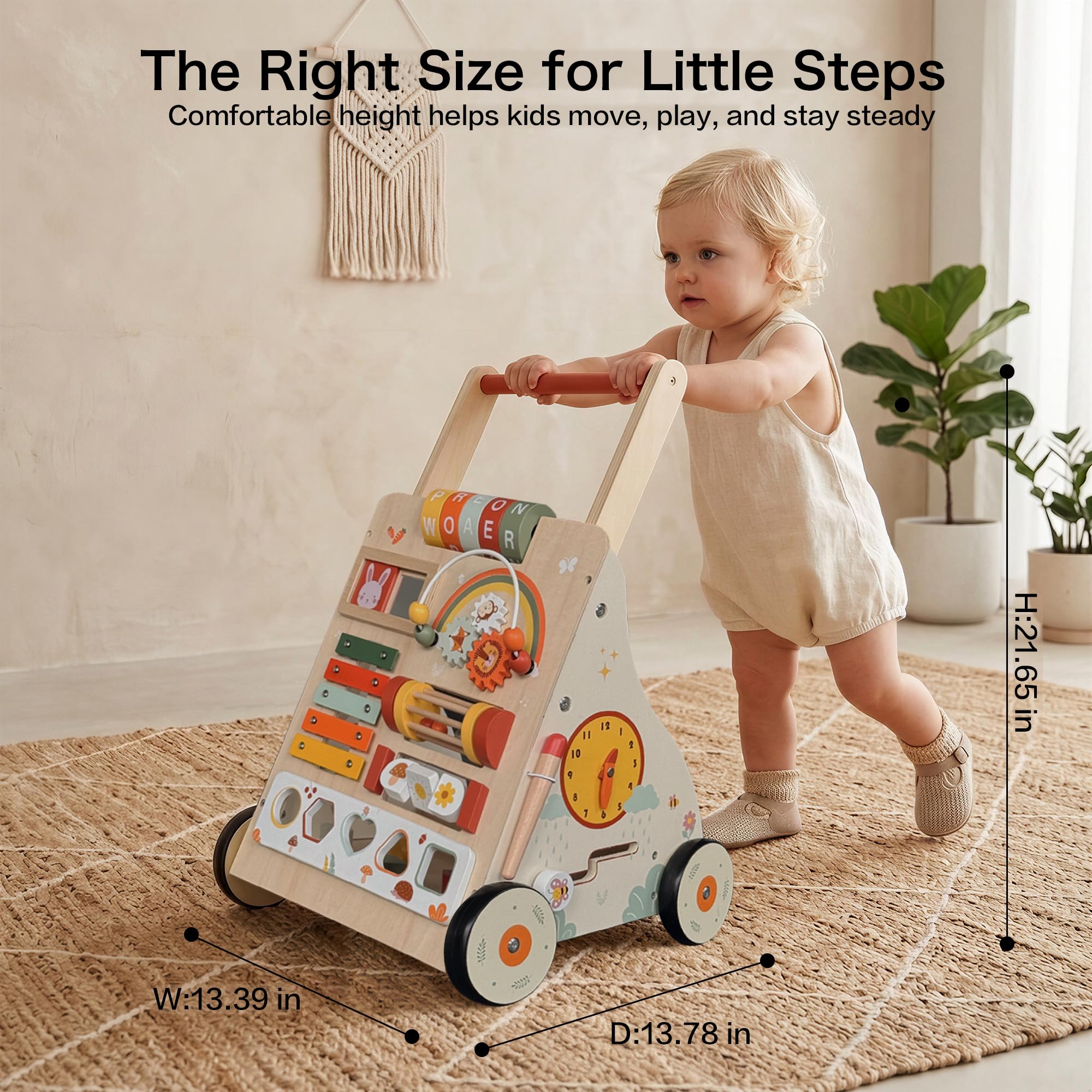 Baby Walker aus Holz mit Rädern, Baby Push Walker Activity Center für Babys ab 18 Monaten, Montessori Walking Spielzeug zum Laufen lernen, Kleinkind 1. Geburtstag Geschenk