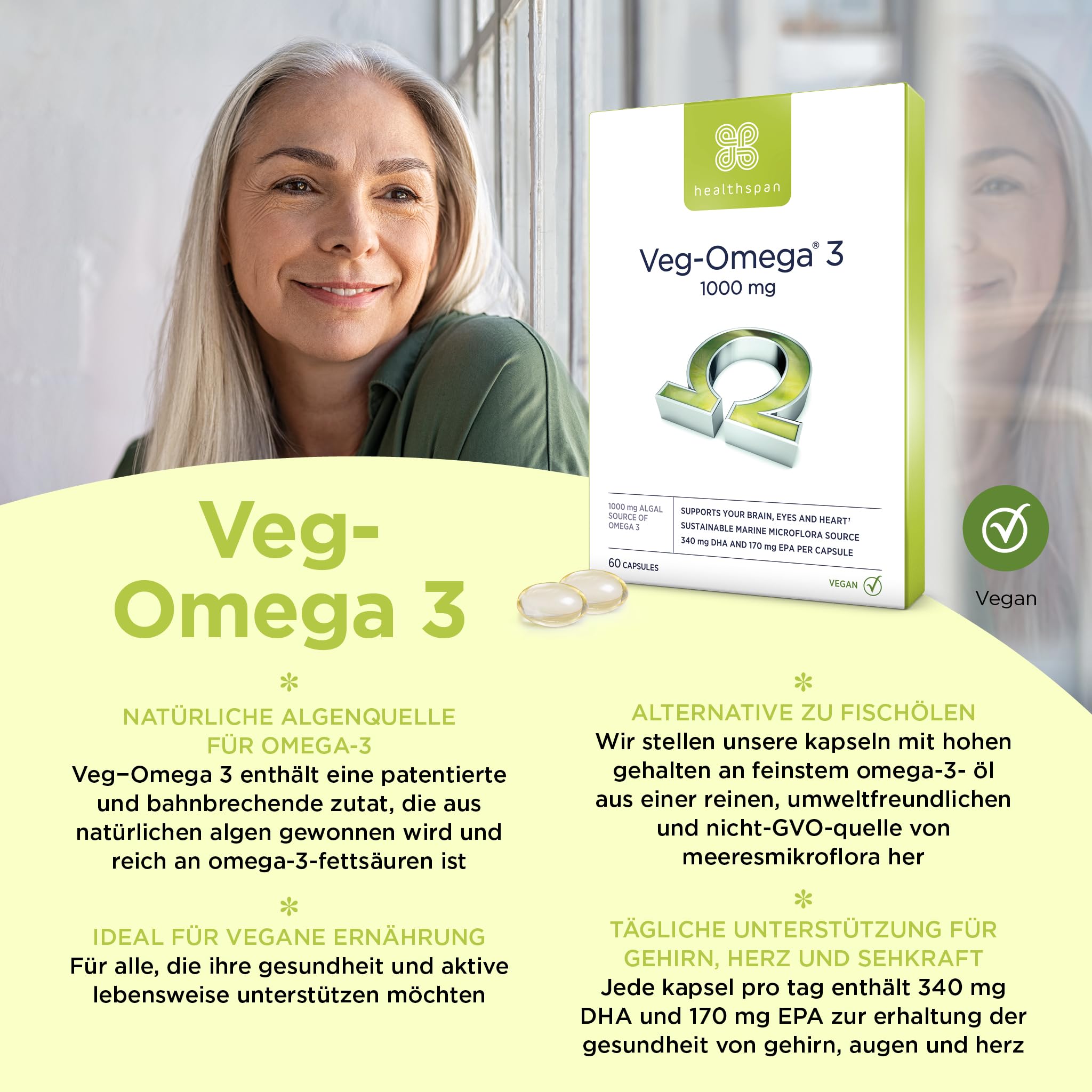 Healthspan Veg-Omega 3 1.000 mg | Unterstützt die Gesundheit von Gehirn, Auge und Herz | Vegane Algenquelle | Omega-3-Fettsäuren DHA und EPA | GVO frei | 60 Kapseln
