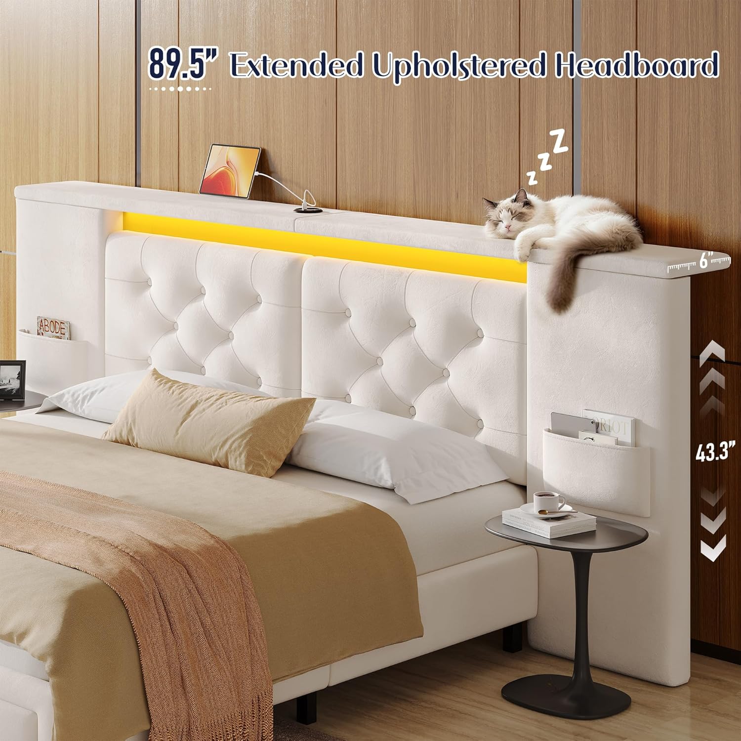 Queen Bed Frame with Wide Headboard Velvet Platform Bed Frame with LED Light,Charge Station,No Box Spring Needed, Beige