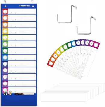 Daily Schedule Pocket Chart, Classroom Charts with 13+1 Pockets, 13 Double-Sided Reusable Colored Cards, 13 Blank Ones and 2 Over-Door Mounting Hangers Include Blue, 13 x 36