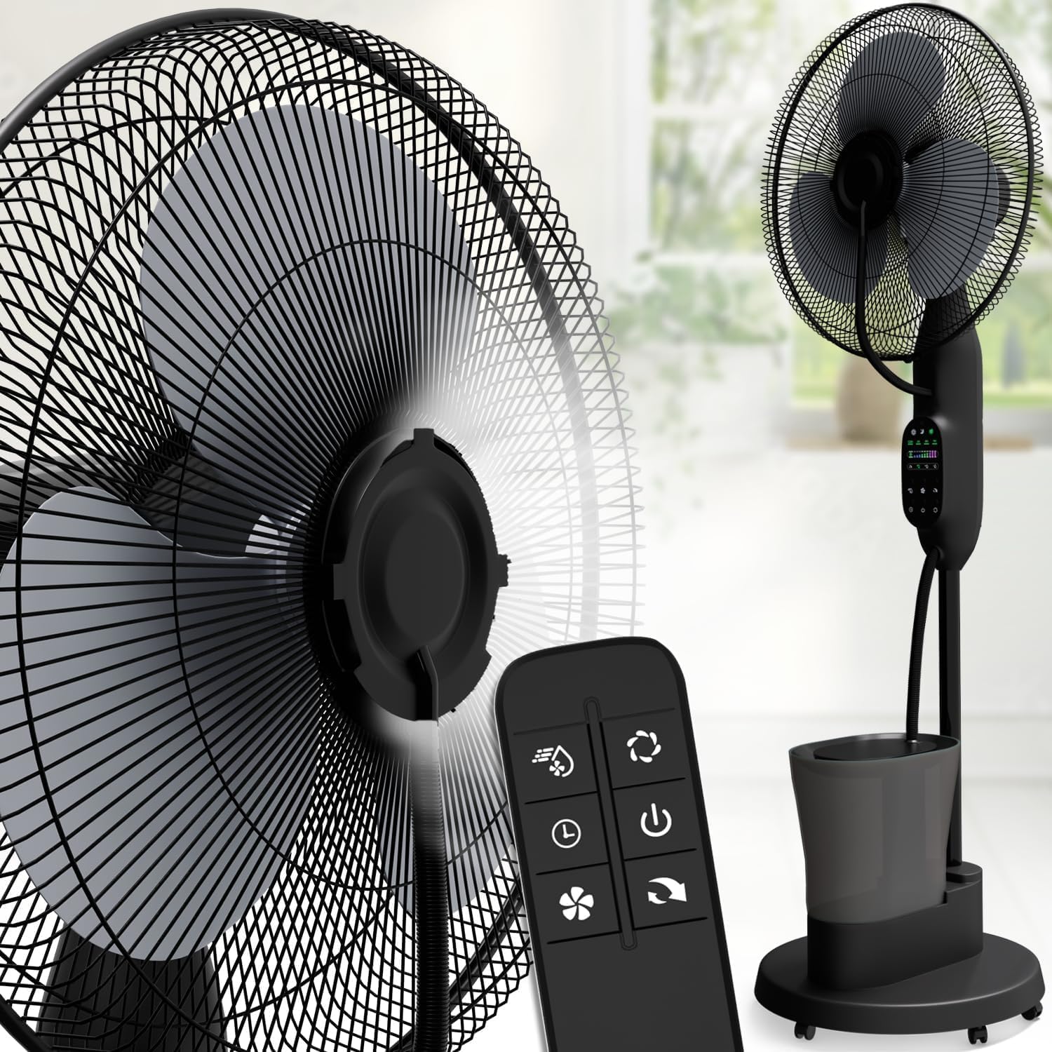 NEU Ventilator mit Wasserkühlung, Standventilator sehr leise mit Fernbedienung, Luftkühler mit Timer-Funktion, Drei Geschwindigkeiten, Schwenk- und Neigefunktion, schwarz