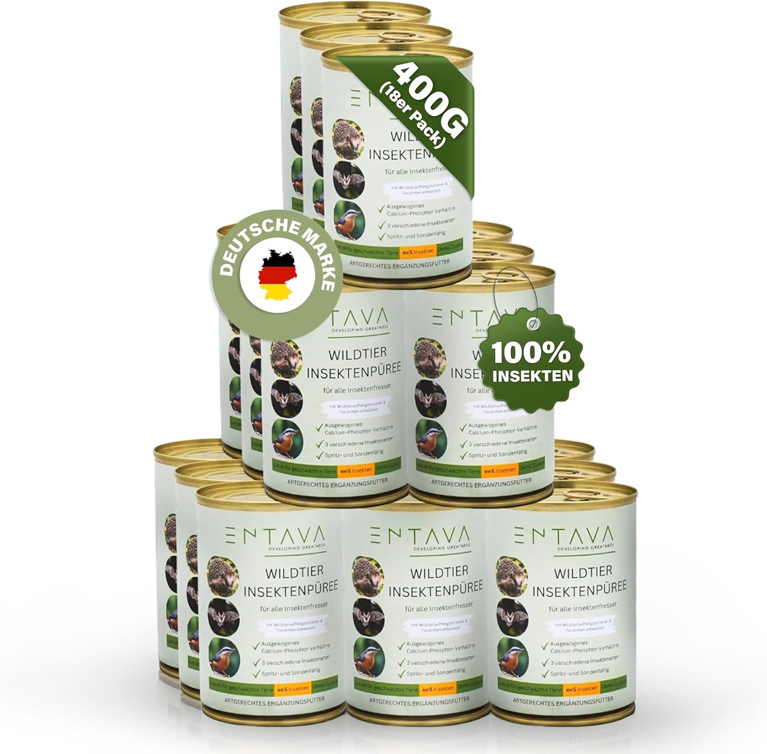 ENTAVA Frisches Insektenpüree – 100 % Insekten, Igelfutter, Vogelfutter, Reptilienfutter, Wildvogelfutter, Kleinnagerfutter, Frettchenfutter, Fischfutter (400 g (18 Stück))