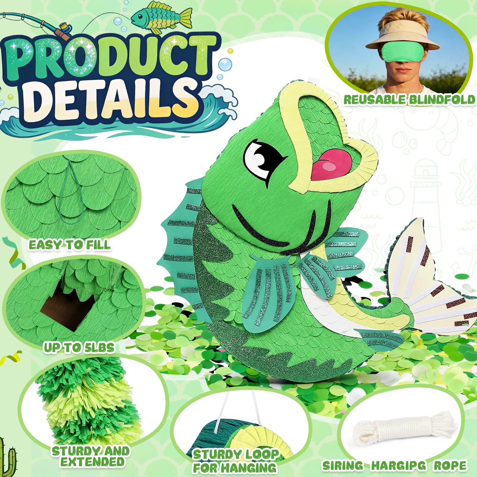 Piñata de pescado, piñata de juego de pesca, piñata bajo el mar, para niños y adultos, decoración de fiesta de verano, piscina, fiesta, suministros de juego