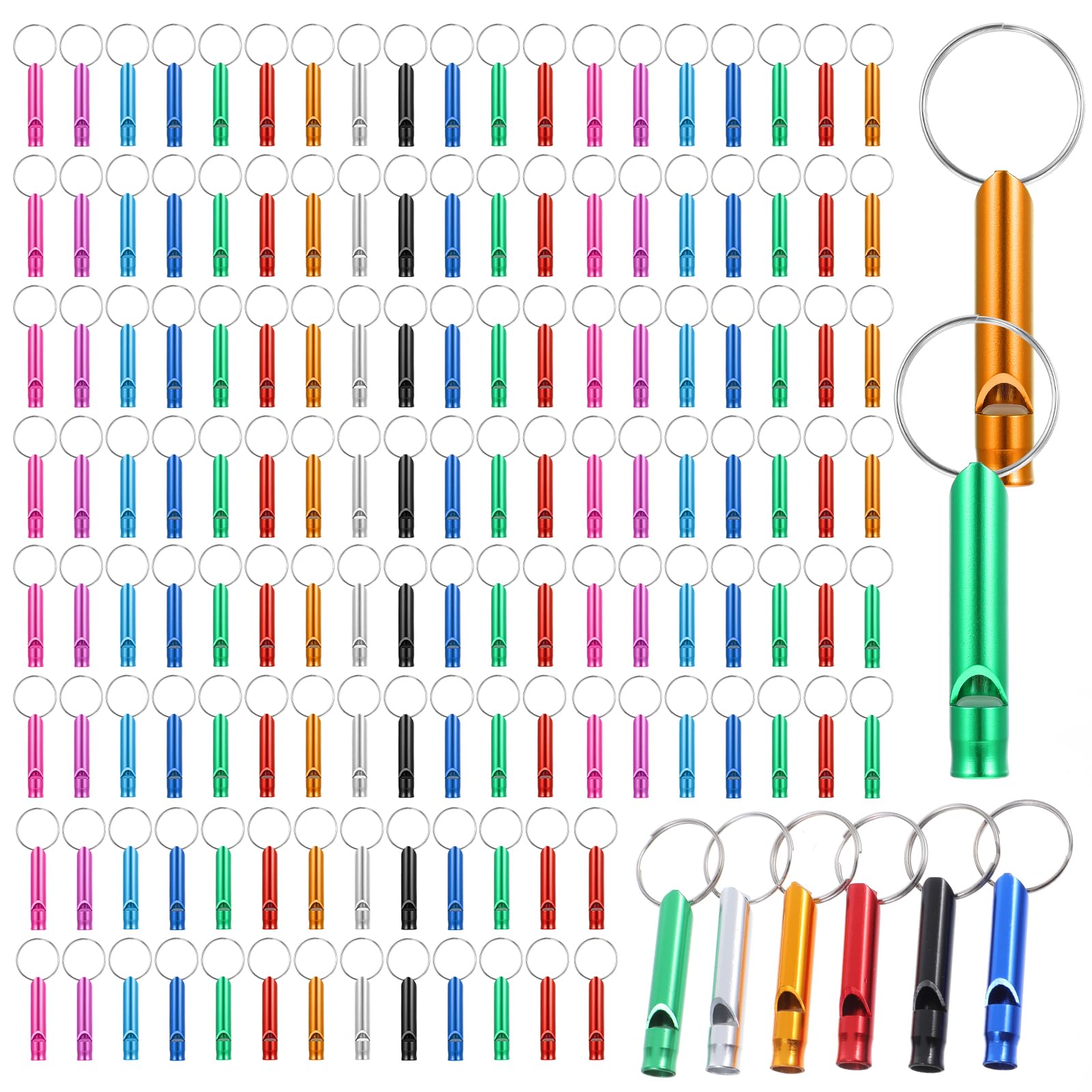 View 1 of 120 Pieces Emergency Whistle with Keychain, 9 Color Assorted Aluminum Survival Whistle Bulk Set, Extra Loud Safety Whistles for Camping Hiking Boating Hunting Outdoor Sports Referee Lifeguard