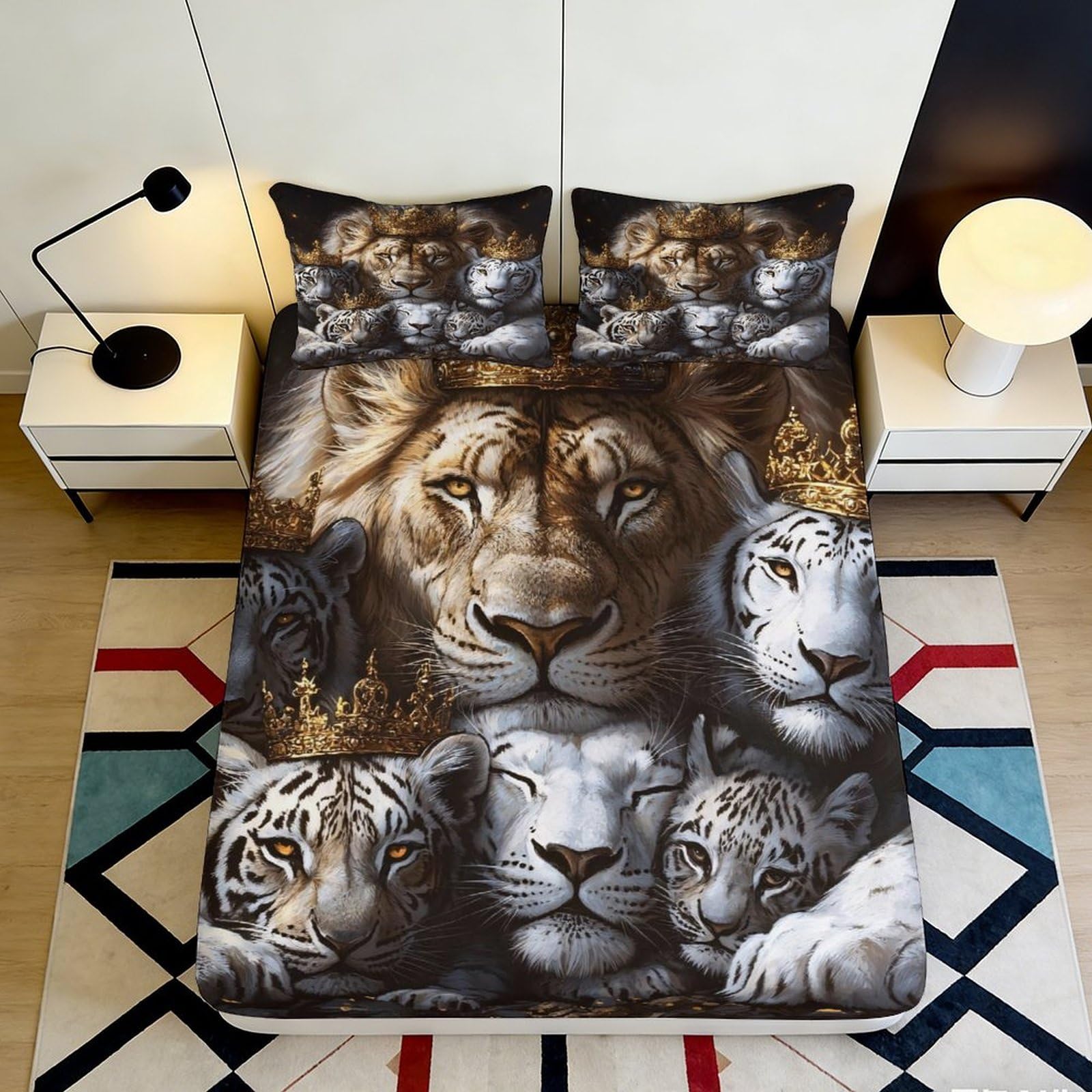3D Printed Lion Crown Fitted Sheet Microfiber Soft Breathable White Tiger Bed Cover for Bedroom Dormitory Guest Room Mattress Protection 180x200x25cm