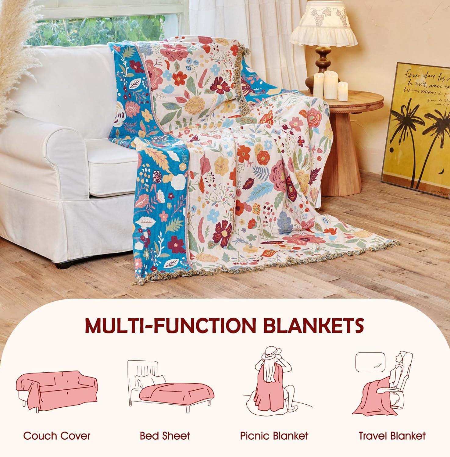 Boho Throw Blanket - 100% Cotton Soft Breathable Throw Blankets, 50"x60" 4-Layer Lightweight Muslin Cotton Quilt, Floral Printed Fall Bohemian Decor Throw Blankets for All Season - Image 6