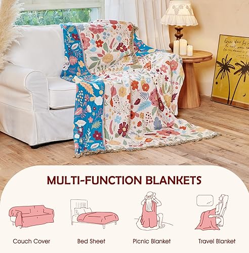 Miniatura 6 de Manta bohemia  100% algodón suave y transpirable, 50 x 60 pulgadas, 4 capas de muselina ligera de algodón, estampado floral, manta bohemia de otoño
