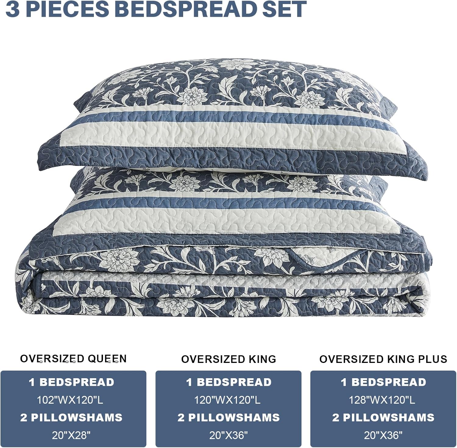 Oversized King Bedspreads 120x120, 100% Cotton California King Quilt, Farmhouse Floral Pattern, Reversible Lightweight Comforter Bedding Set with 2 Pillow Shams, Blue/Deep Blue/White