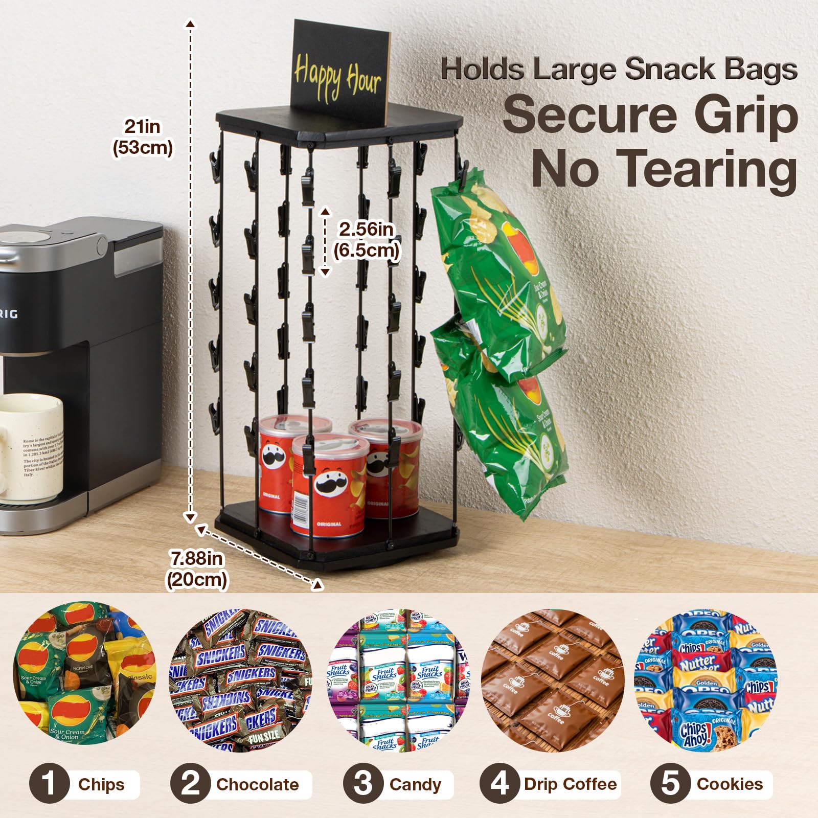 PUERSI Snackregal aus Holz, 5 Etagen Chipständer mit 40 Clips, Drehbarer Snack Display Ständer für Bürotheke, Snack-Organizer, Süßigkeiten Aufbewahrung für Party, Einzelhandel, mit Tafel - Schwarz