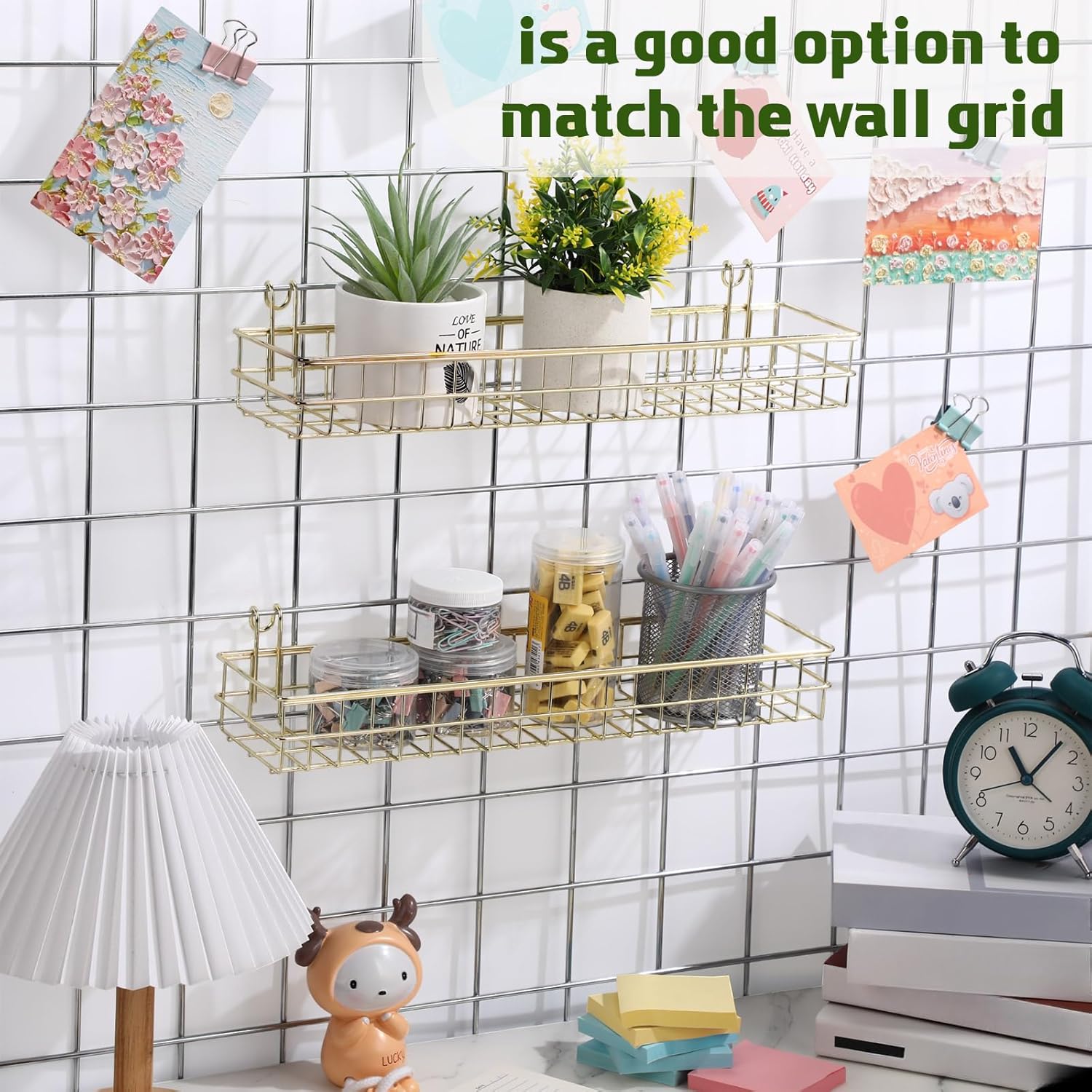 Blulu 4 Pcs Gold Metal Grid Wall Baskets with Hooks Grid Wall Shelves 15.75 x 3.94 x 1.97 Inches Hanging Wire Basket Multi Function Storage Organizer for Kitchen Organizing Display