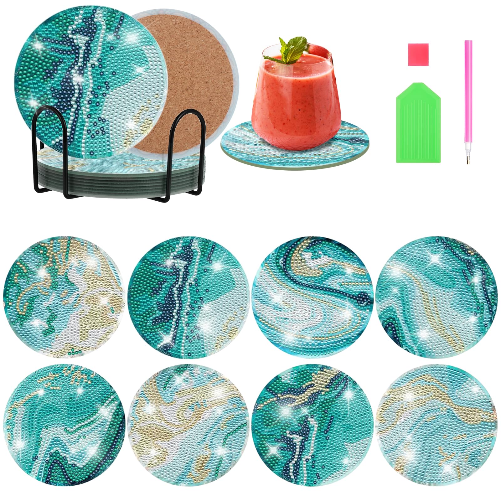 Sottobicchieri Diamond Painting Fai Da Te 6 Pezzi – Motivo Foglie Verdi Con Porta Sottobicchieri - 2