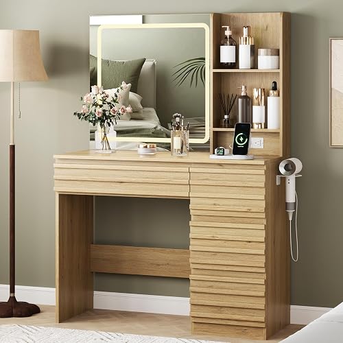 Vanity Desk with Lights, Fluted Vanity with 4 Drawers, Open Shelves, Power Outlet, LED Lighted Mirror, 3 Lighting Modes & Brightness Adjustable, Wood Dressing Table for Bedroom,Natural Oak