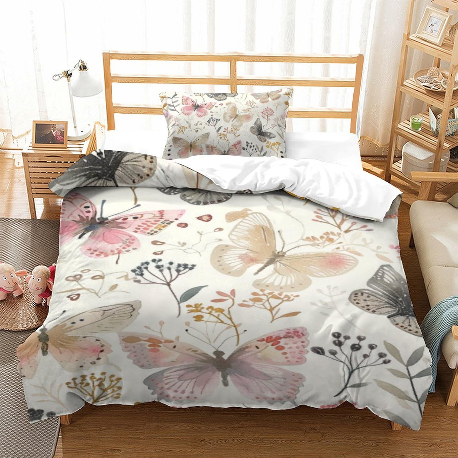 Housse de couette papillon 3D en microfibre zippée pour lit 1 personne