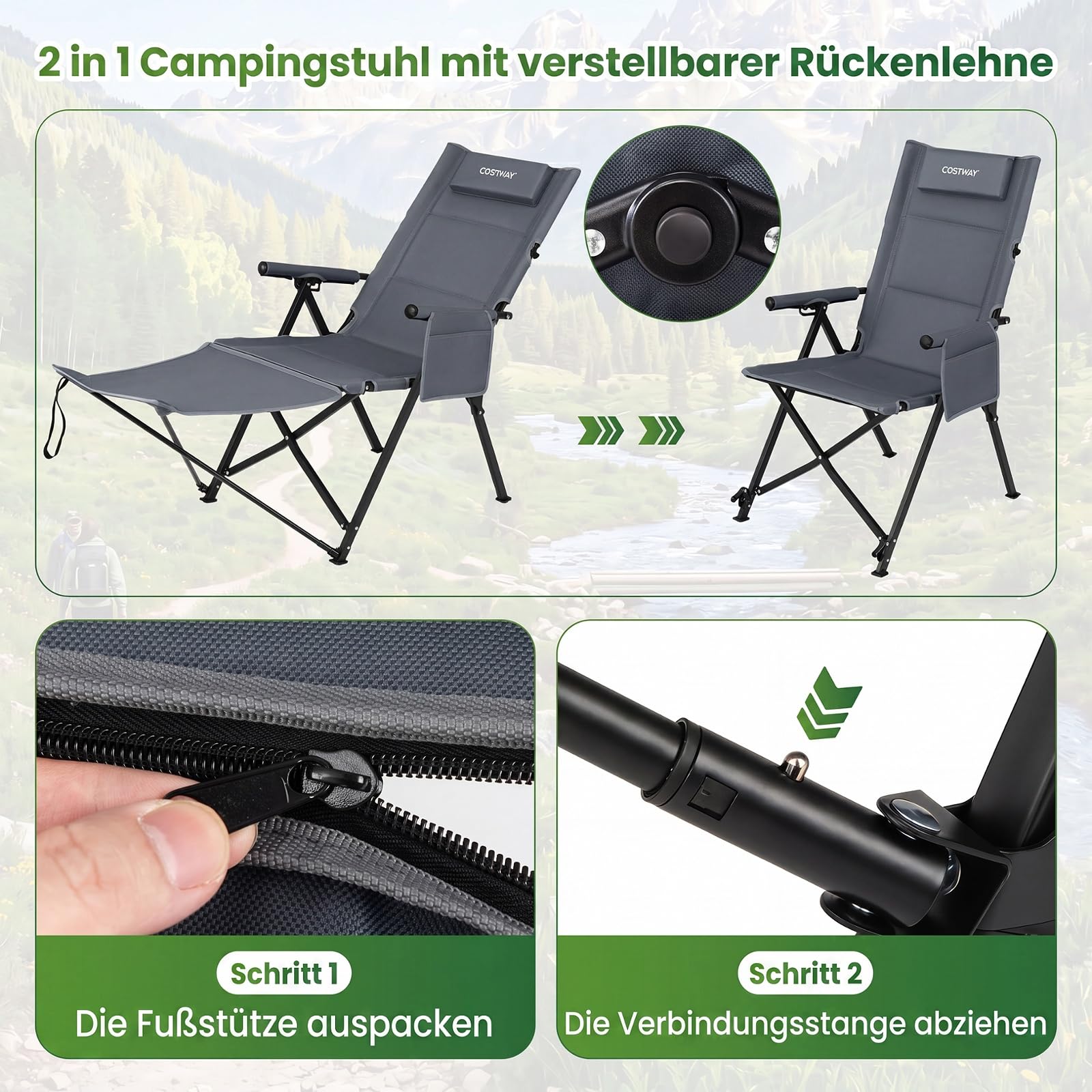 COSTWAY Campingstuhl mit Fußablage, klappbarer Liegestuhl (Grau) | 4-fach verstellbare Rückenlehne, Kopfstütze & Seitentasche, Hochlehner Gartenstuhl, Strandstuhl, Klappstuhl für Camping