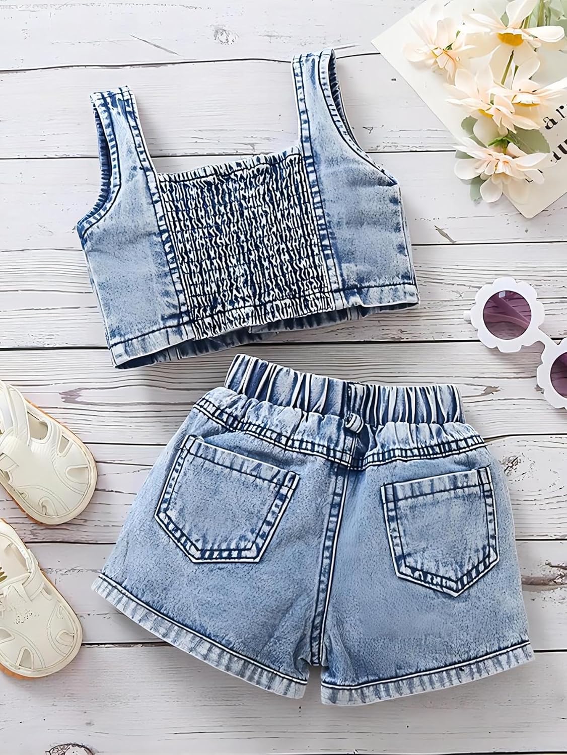 Toddler Girl's Two Piece Outfit Set Denim Smocked Sleeveless Crop Tank Tops & Watermelon Print Shorts