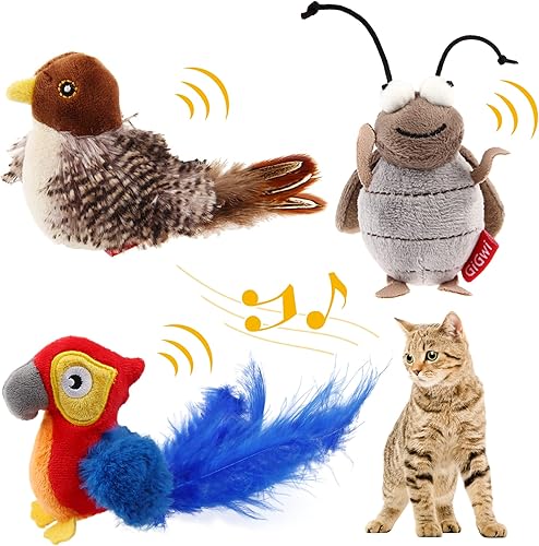 Gigwi Paquete de juguetes automáticos para gatos, juguetes interactivos para gatos, animales chirriantes electrónicos, pájarogrilloloro rojo,