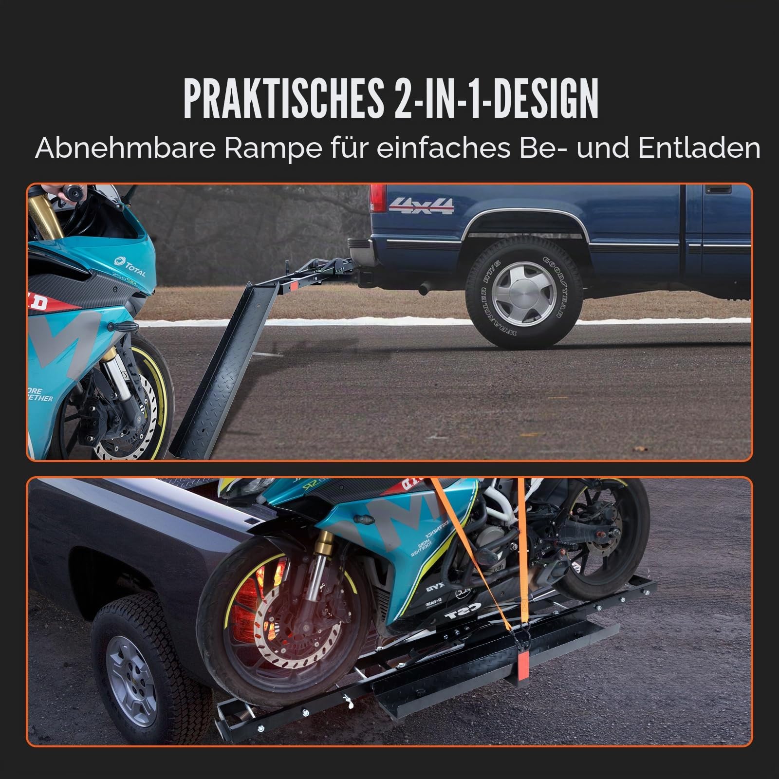 VEVOR Stahl-Motorradträger, 272,2 kg Anhängerkupplung, 119,4 cm Rampe, Roller-Dirt-Bike-Anhänger, Ratschenriemen, Stabilisator, Auto/LKW