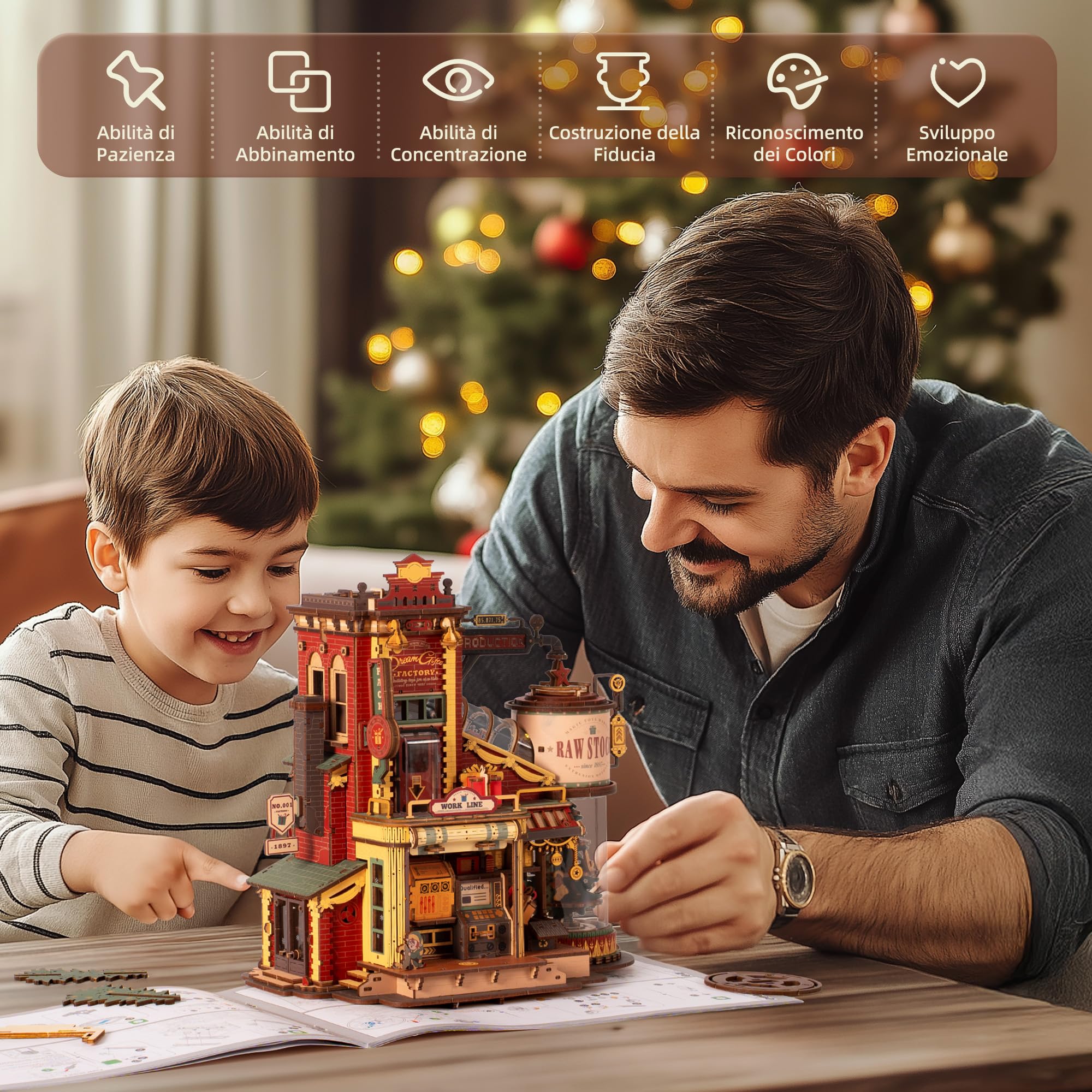 ROBOTIME Puzzle 3D Fabbrica di Regali, Modellismo in Legno da Costruire Adulti, Retrò Vintage Rompicapo Kit di Costruzione, Puzzle in Legno Luminoso con Musica e 5 Elfi per Bambino Adulto EAB01