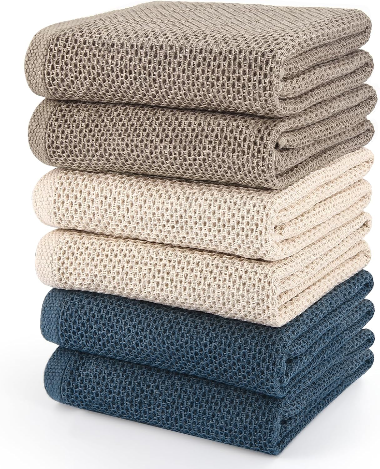 Large Kitchen Hand Towels,6 Pack Cotton Waffle Weave Dish Towel for Drying, Cleaning Cloth for Kitchen Dishes - Extra Absorbent and Soft - 16 x 28 inch (Cream+Bluegray+Brown-6 Pack)