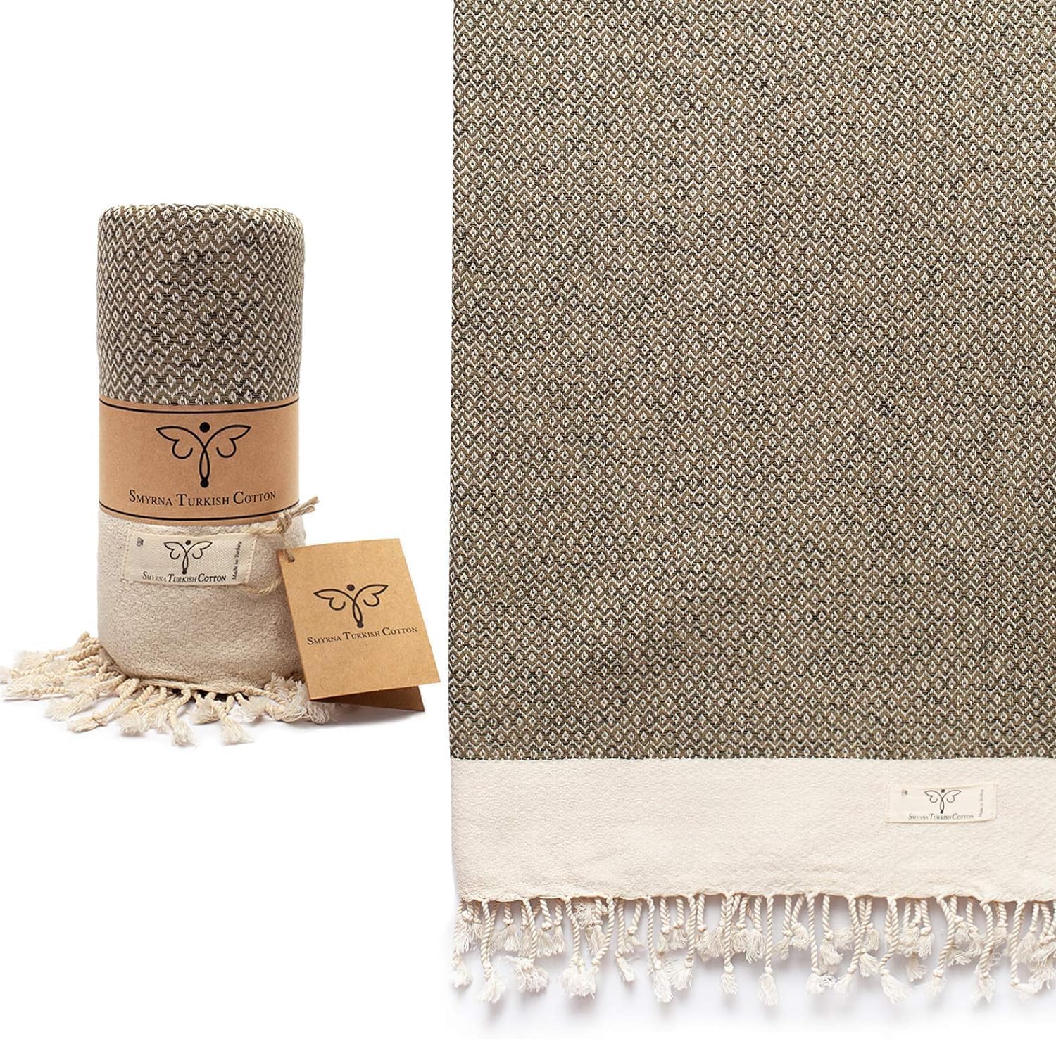 SMYRNA トルコ綿 ヴィンテージシリーズ トルコビーチタオル 特大サイズ 37x71インチ XLサイズ 速乾性 砂なし ビーチブランケット 軽量 コットン プール スパ 旅行 ジム 大人用 バスタオル アーミーグリーン