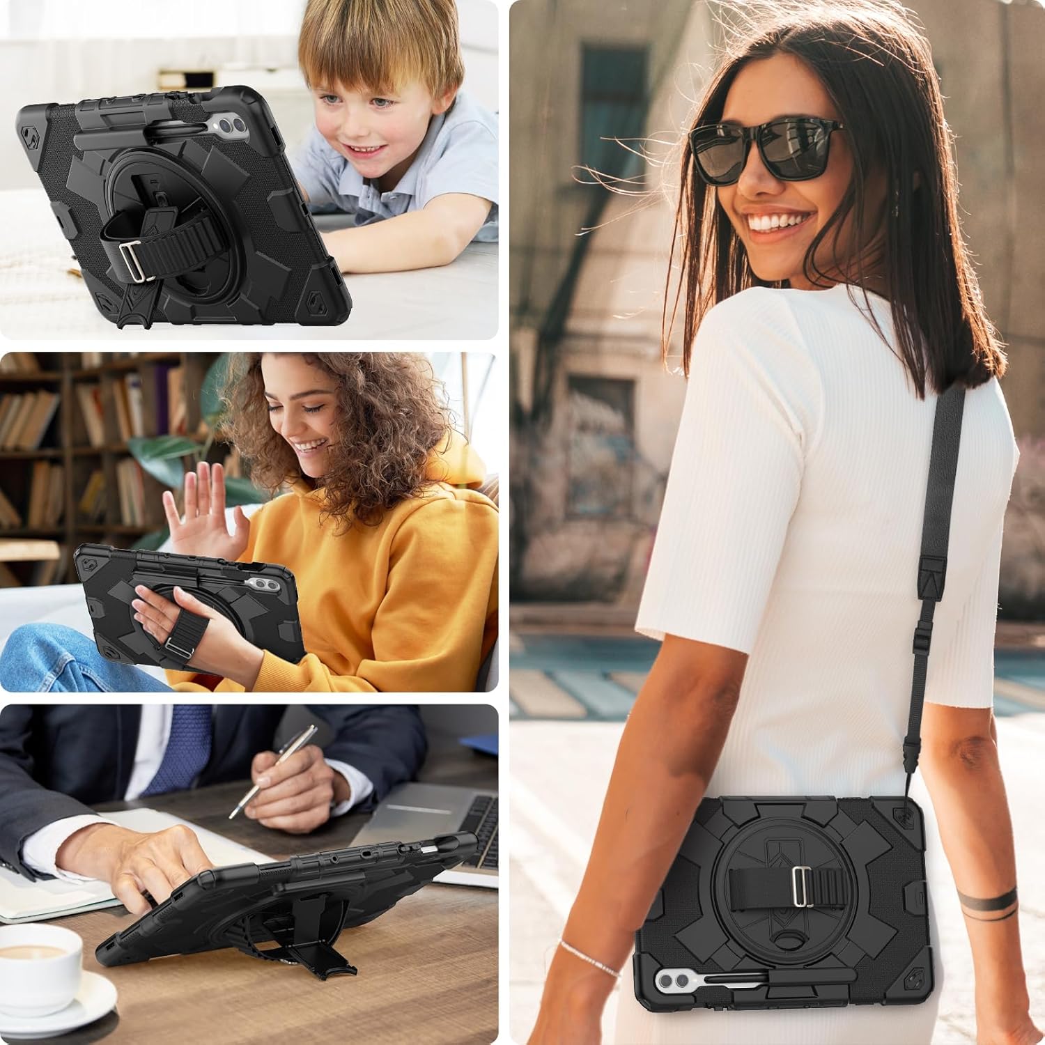 HXCASEAC Case for Samsung Galaxy Tab S10+ Plus / S9 Fe+ / S9+ 5G 12.4 inch Protective with Screen Protector/S Pen Holder/ 360 Rotating Stand Hand Strap - Black