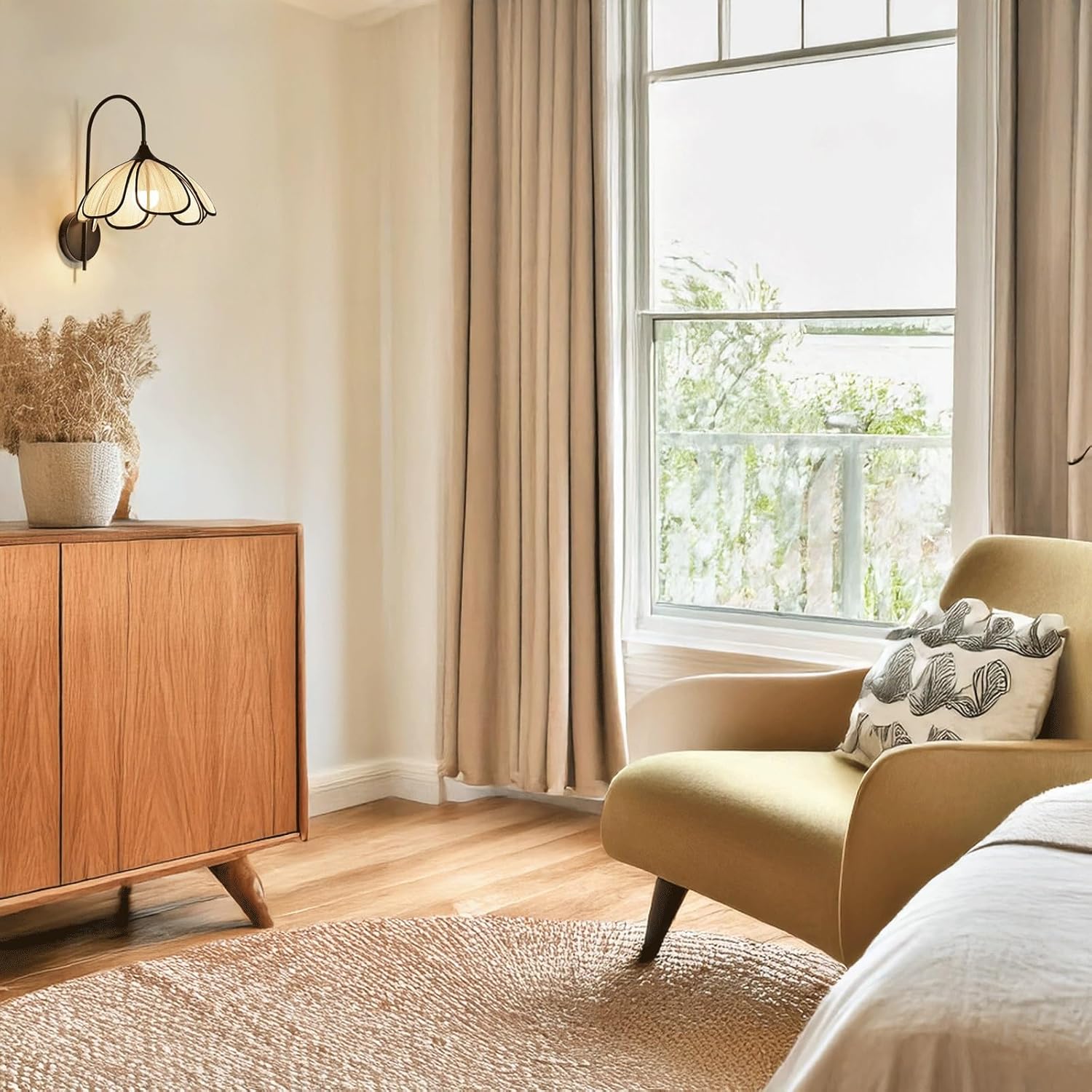 Nordic Modern Wall Sconce Black Hardware Arc Arm & Fabric Petal Shade LED Wall Lamp Creative for Living Room Bedroom Café Hallway Entryway French Retro Art Decor Ambient Lighting Fixture