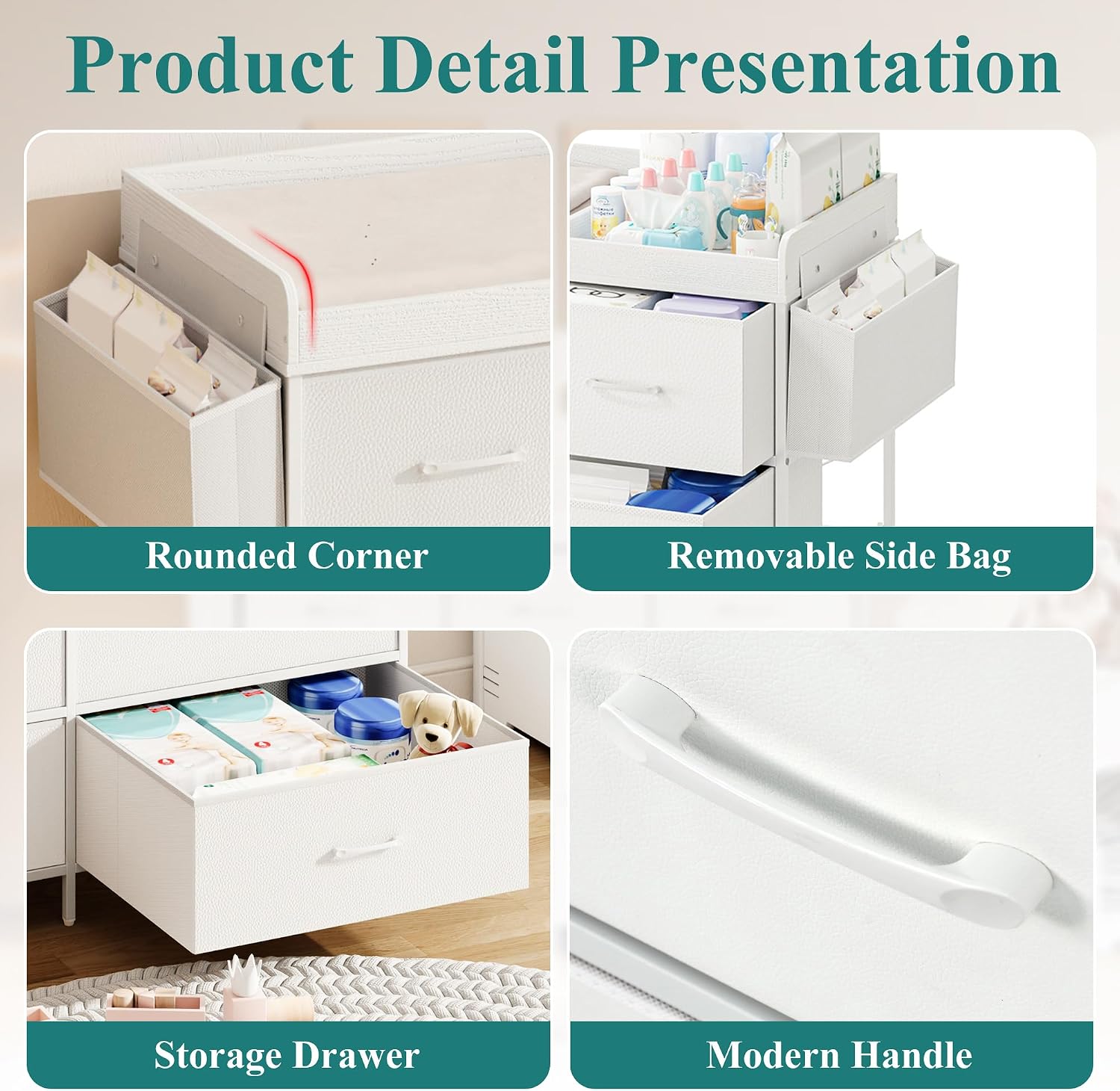 St.Mandyu Baby Changing Table, Multi-Functional Baby Dresser with Changing Table Top, Waterproof Baby Changing Station with 7 Fabric Storage Drawers, Modern Nursery Dresser for Bedroom (White)
