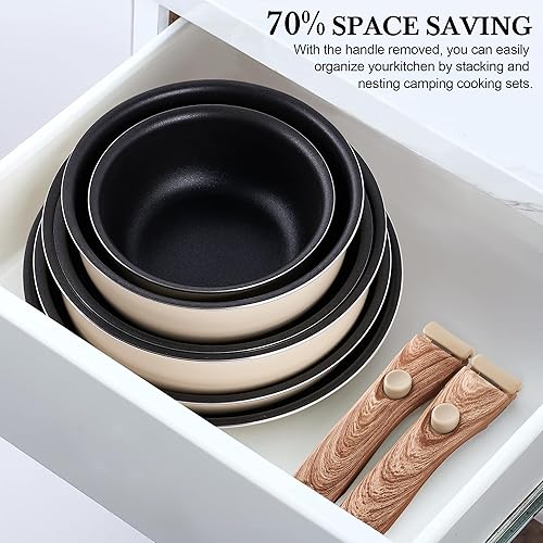 Miniatura 6 de Juego de ollas y sartenes antiadherentes  Juego de ollas y sartenes apilables para camping, mango desmontable, mango extraíble, sartenes