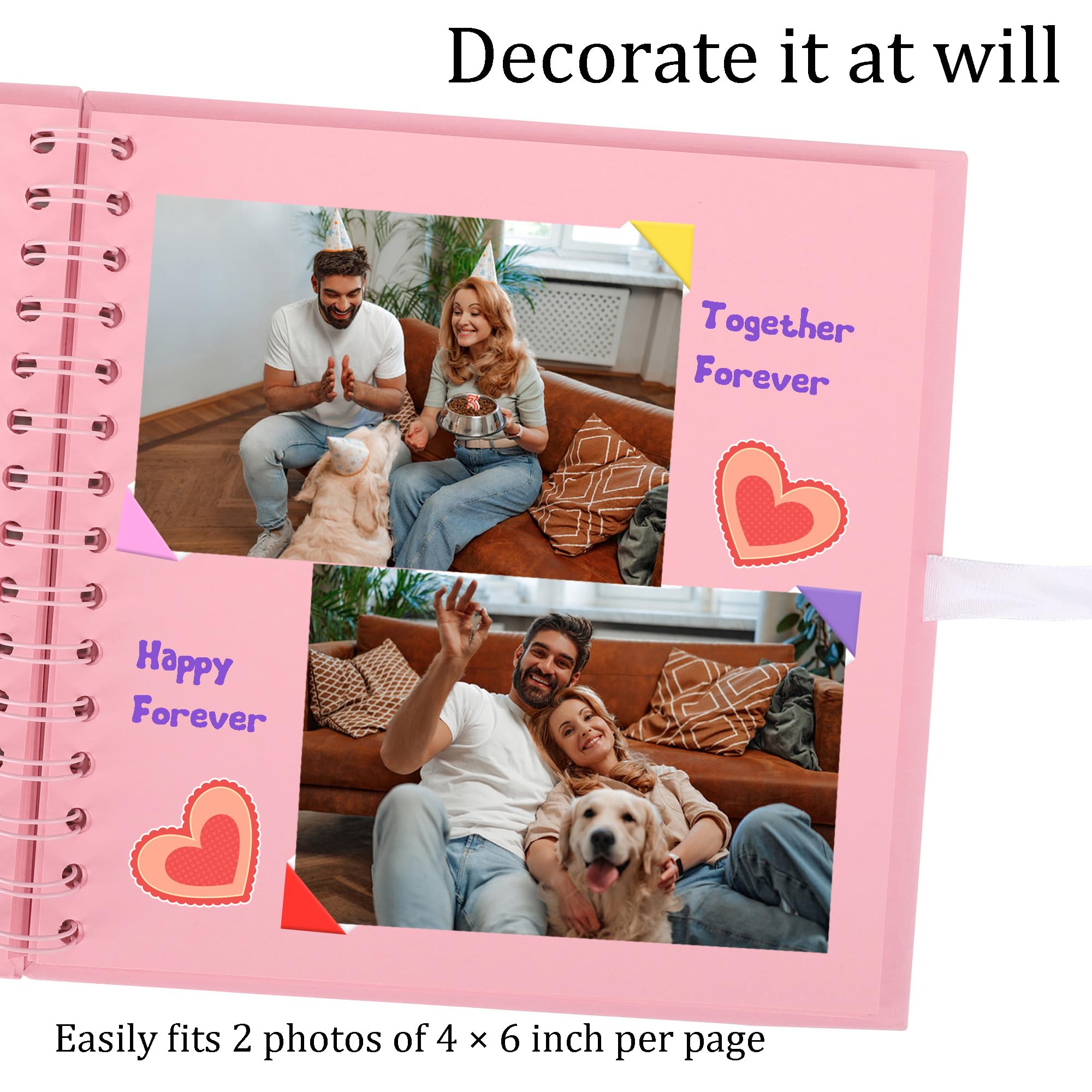Álbum de recortes con 60 páginas de papel kraft grueso, 25,4 x 25,4 cm, color rosa, libro de recuerdos grande con esquinas de fotos para bebés, amantes de la familia, mascotas