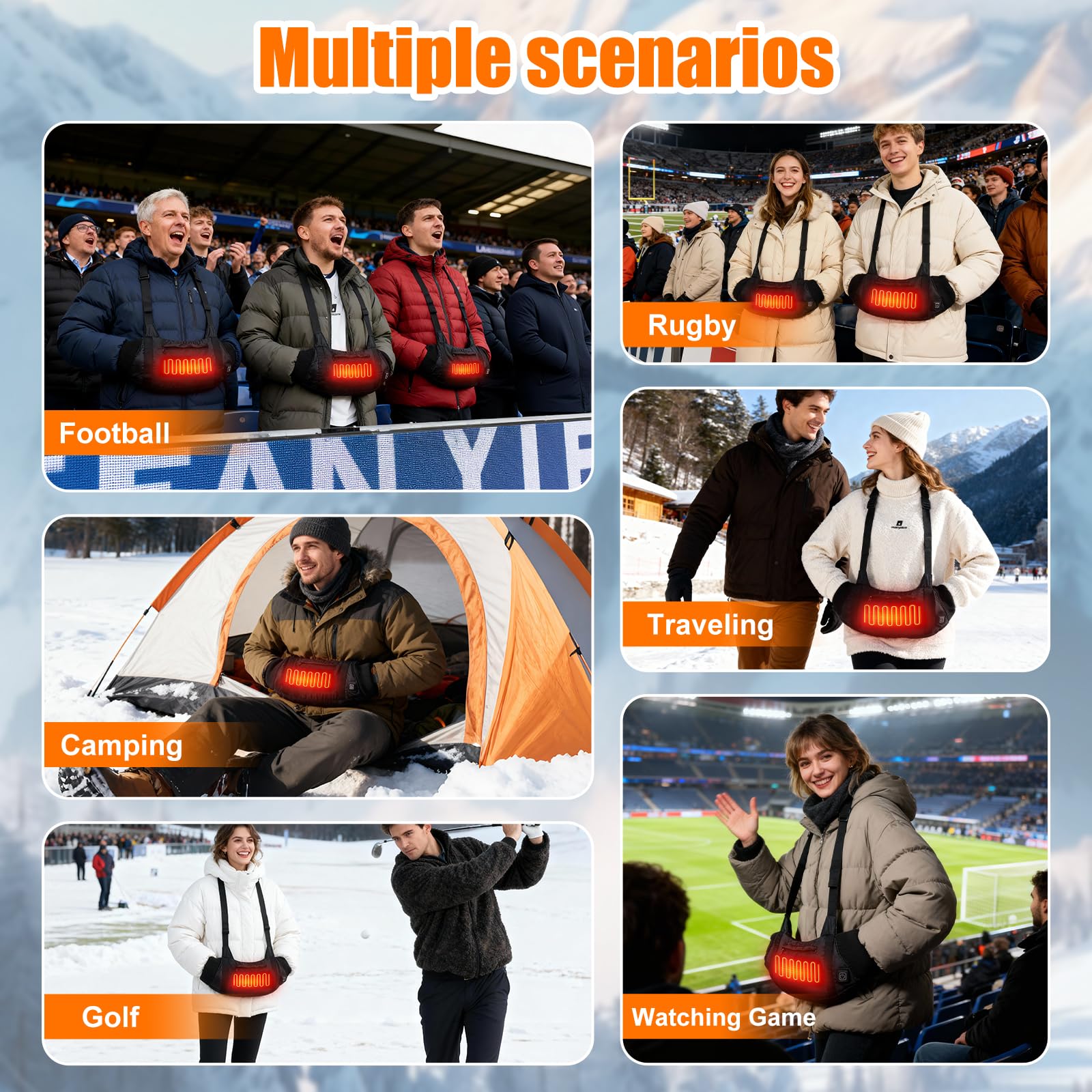 Manchon chauffant électrique avec 3 niveaux de réglage de chaleur, sangle réglable, 2 poches et prise USB pour la chasse, le football, le golf, la pêche, le camping (sans batterie externe)