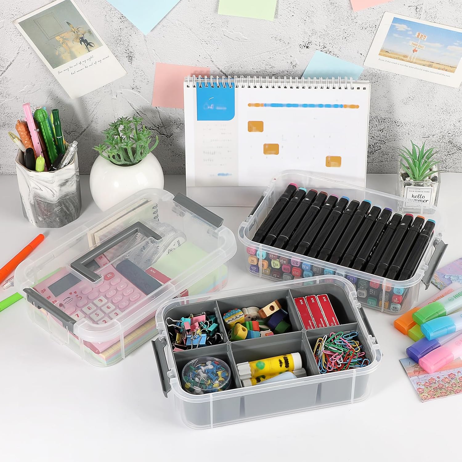 JUXYES 2 Pack 3-Tiers Stack Carry Storage Box With Divided Tray, Transparent Stackable Storage Bin With Handle Lid Latching Storage Container for School & Office Supplies, Dark Gray