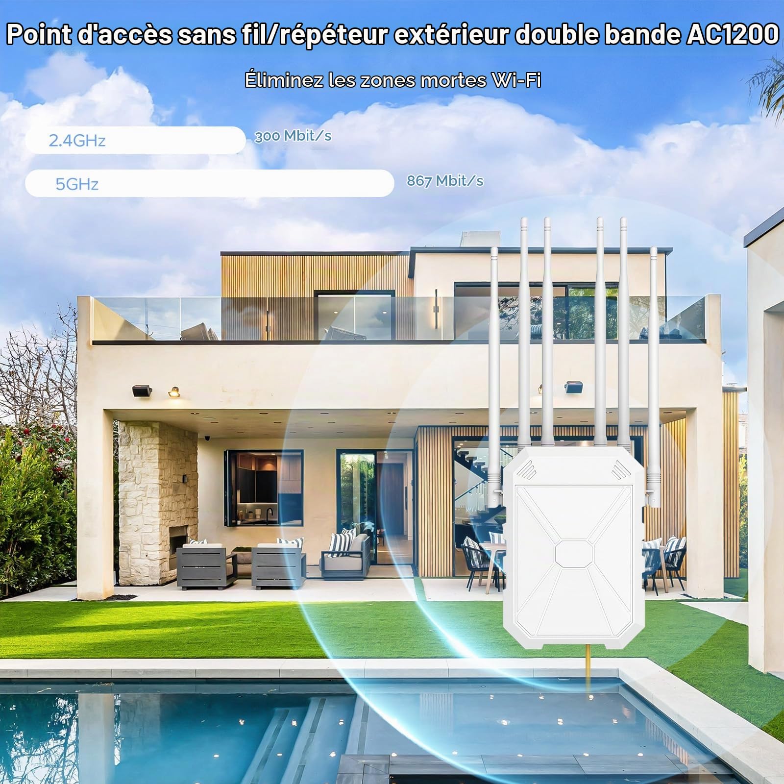 AC1200 Repeteur WiFi Puissant Exterieur, 5GHz & 2.4GHz Amplificateur WiFi Exterieur Point D'accès WiFi avec 6 Antennes, IP67 RéSistant Aux IntempéRies, with PoE, Convient Patio, pour Le Jardin,Garage