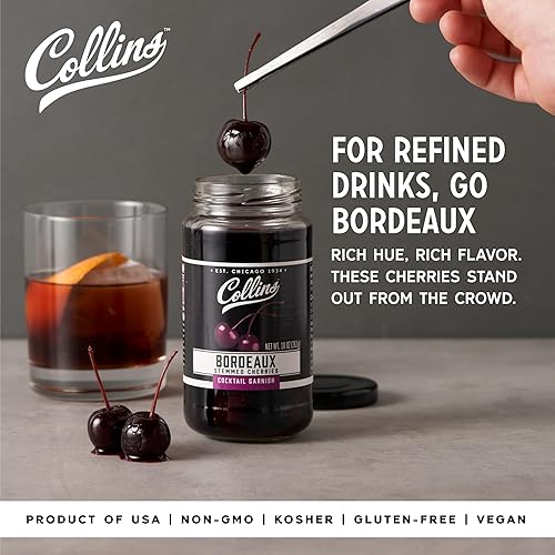 Miniatura 11 de Collins Cerezas de cóctel Bourbon - Guarnición de bebidas para cócteles y postres de Manhattan o antiguos, hecho con whisky galardonado, tarro