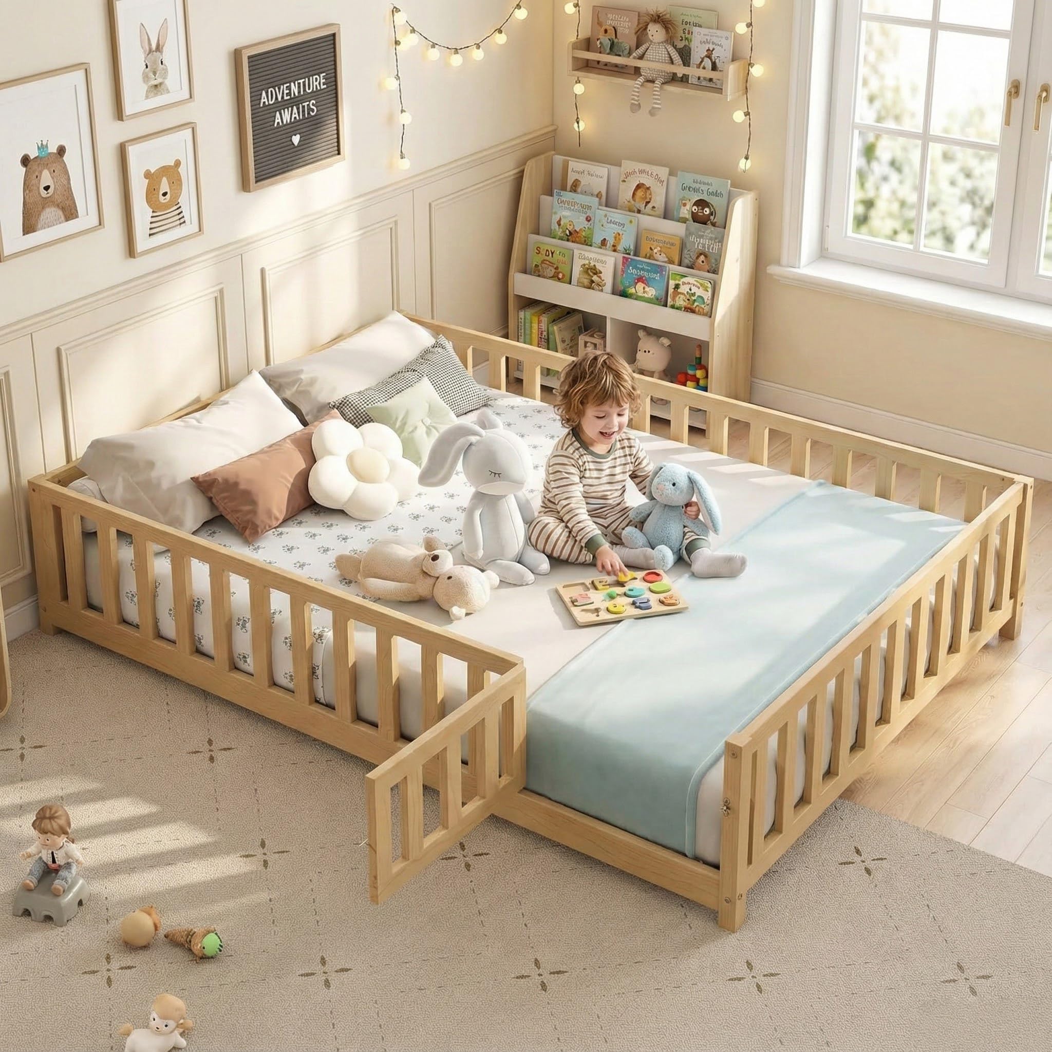 MoproBeti Full Size Floor Bed with Fence and Slats for Kids, Wooden Montessori Bed with Door and Safety Guardrails for Kids, Boys Girls, No Box Spring Needed, Natural