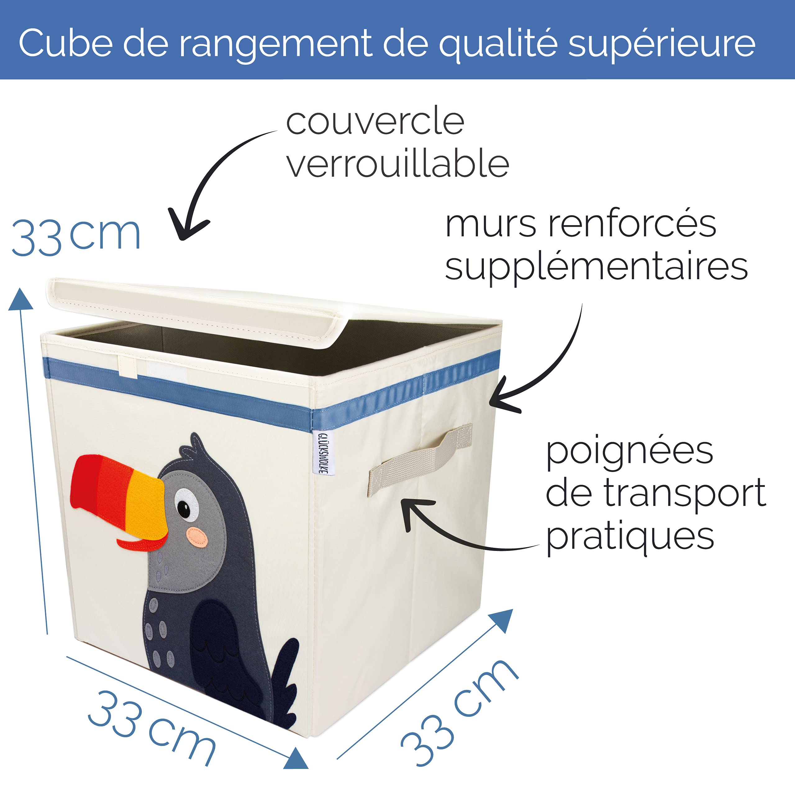 GLÜCKSWOLKE Boite de Rangement Enfant - 15 Motifs I Coffre à Jouet I Caisse Cube (33x33x33) I Bac à Jouets avec Couvercle - Chambre Bebe I Organisateurs pour Salle de Jeux I Jungle Animaux (Toucan)