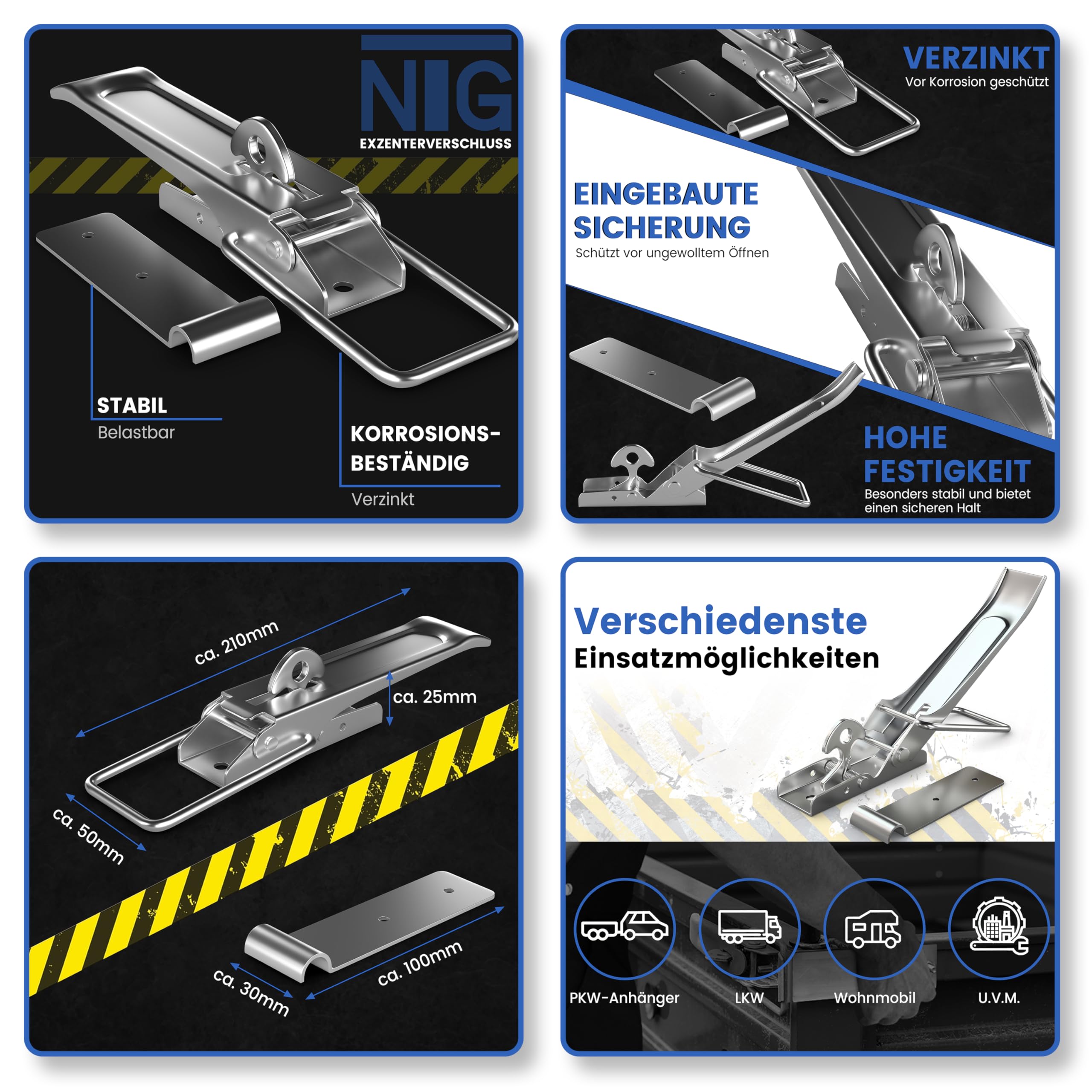 NTG Chiusura eccentrica Piastra di Fissaggio | 210 mm | Chiusura a Tensione per rimorchio | Chiusura per sponda | Chiusura a Leva | Chiusura per rimorchio (4 Pezzi)