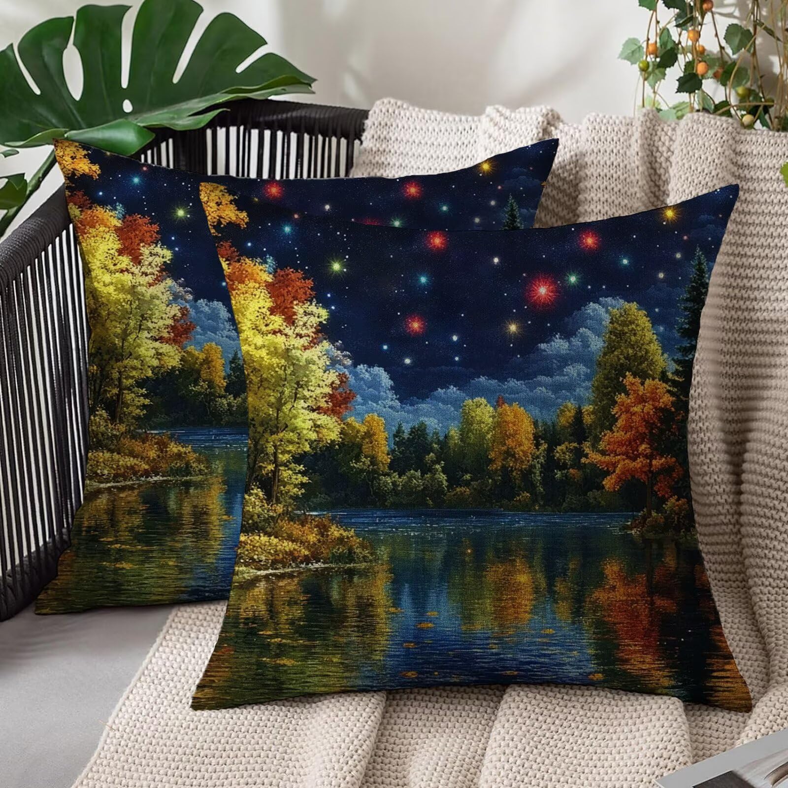 Fundas de cojín 40x40 cm de lino con diseño de lago otoñal