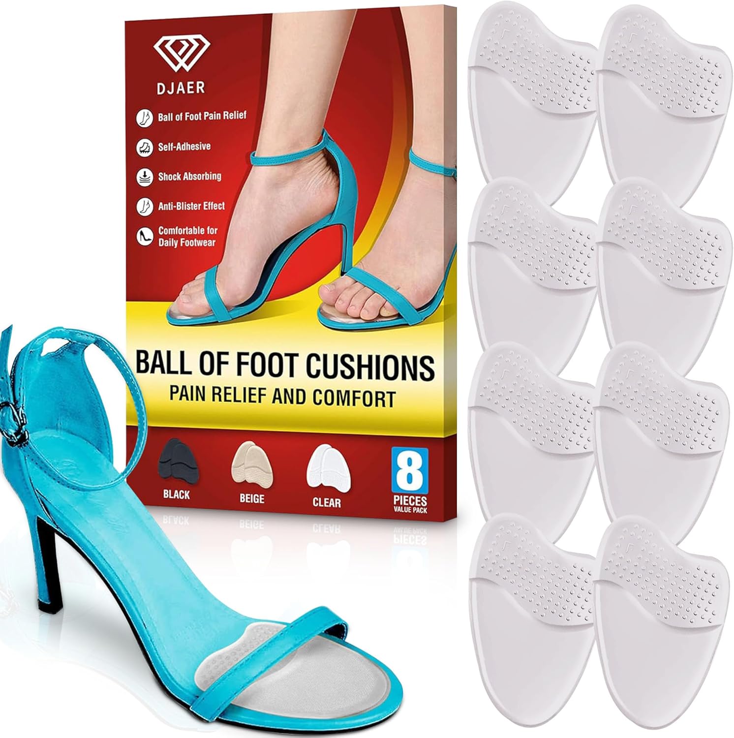 8 metatarsal pads for women anti sliding pads for open toe shoes. ball of foot cushions for women high heel all day pain relief high heel comfort pads clear - 4 pairs