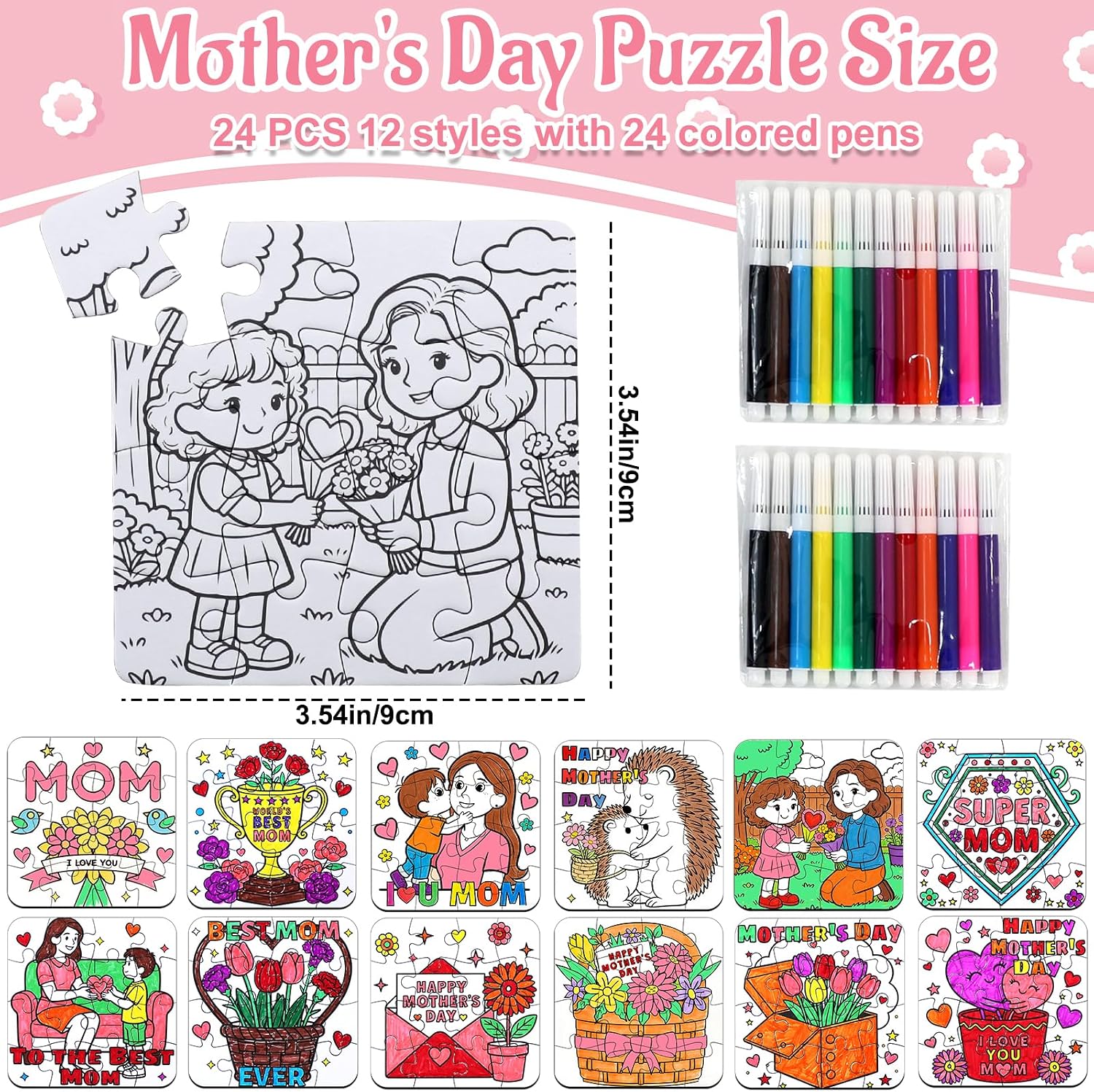 24 Set Mothers Day Crafts for Kids & Adults Classroom Bulk, Mother's Day Activities DIY Jigsaw Puzzle with Flower Bouquet Heart, Spring April Arts for School Gifts Coloring Games & Paper Toy Bulk