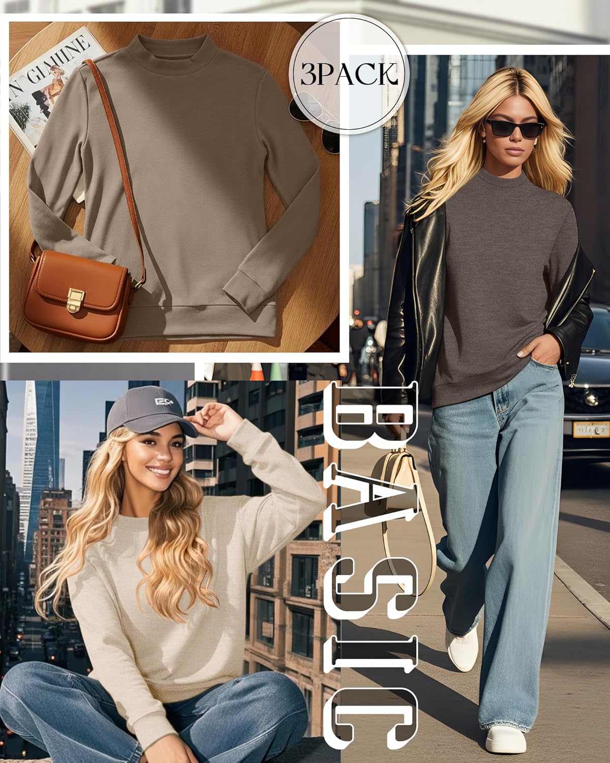 3 Pack Women's Mock Turtleneck Sweatshirts Long Sleeve Cotton Pullover Shirts Tunic Lightweight Loose Casual Tops - Image 2