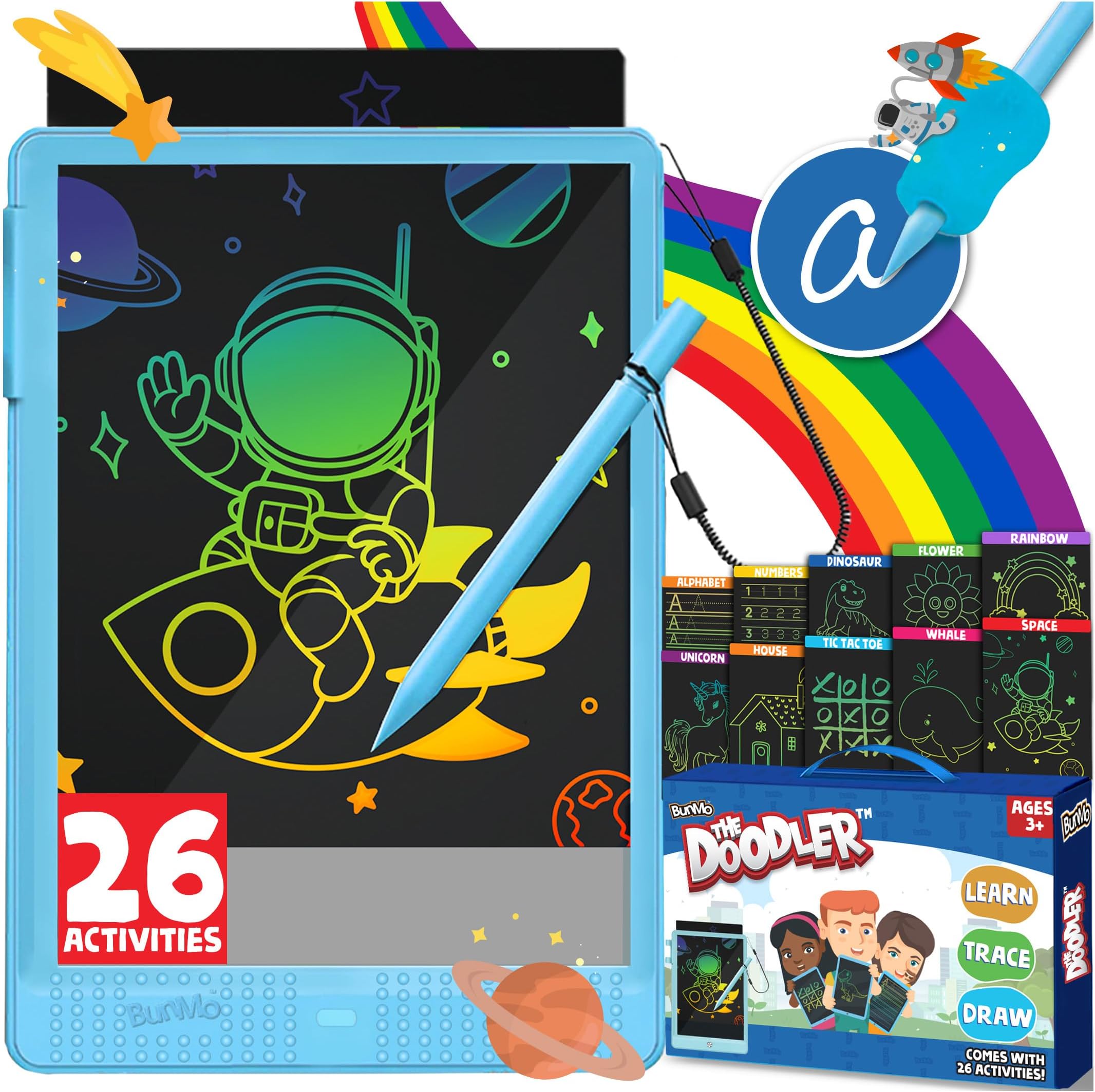 BUNMO Doodle Board + 26 Unique Templates - Draw, Color & Write with Insertable Tracing Templates - Learn to Write Letters & Numbers - Creative Fun - Kids Drawing Tablet - Kid Drawing Board