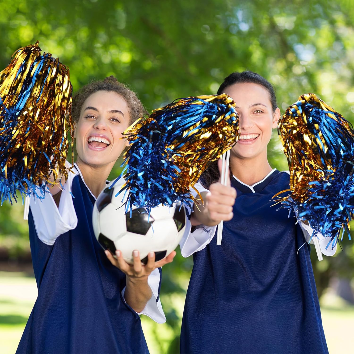 Vinsot 80 Pcs Pom Poms Cheerleading Metallic Foil Cheer Pom Poms with Plastic Handles for Game Sports Squads Dancing Football Basketball Club Dancing Party Fan Celebration (Blue Gold)