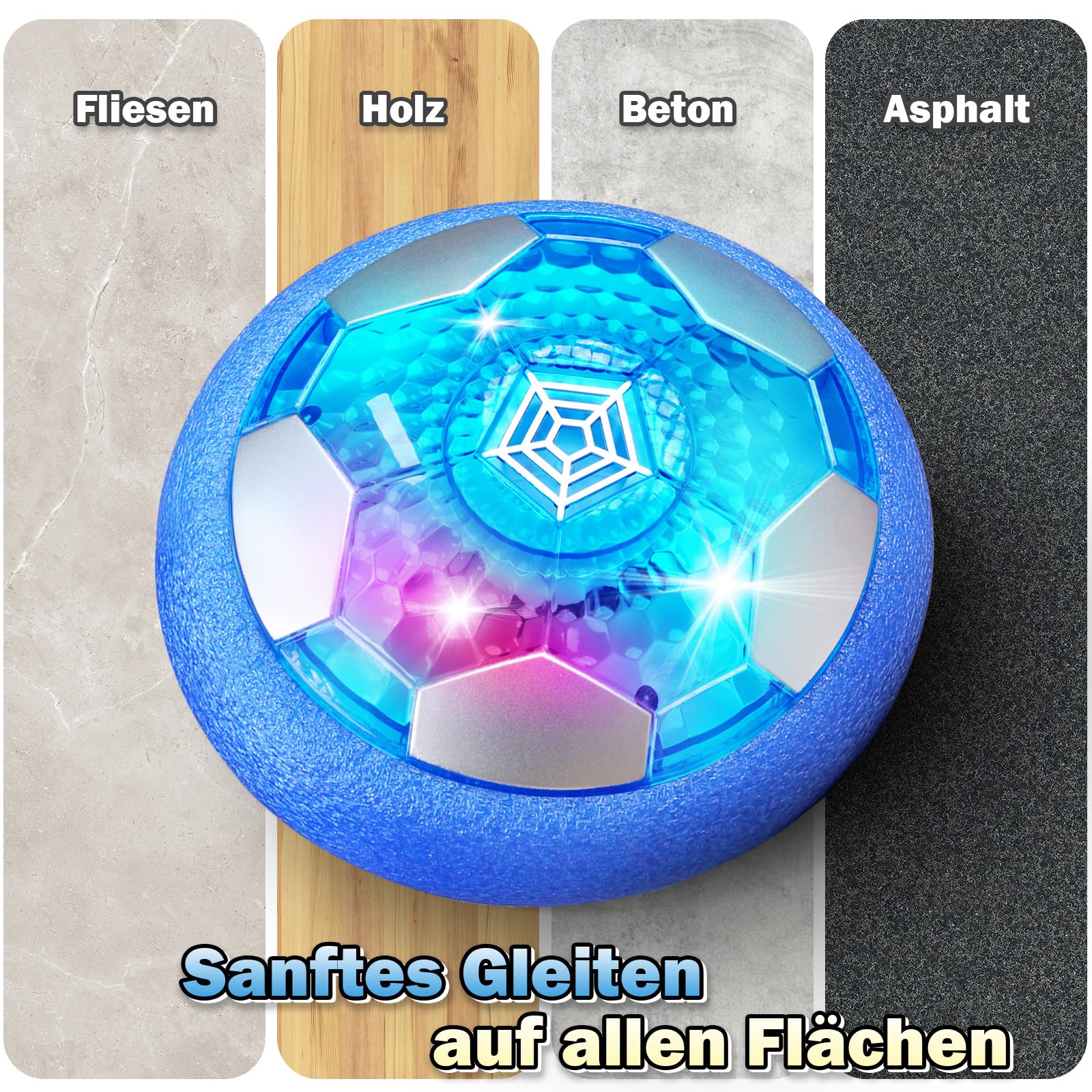 OMWay Air Power - Balón de fútbol para niños, LED Recargable, para Interior, Juguete para niños y niñas, 3, 4, 5, 6, 7, 8-12 años, cojín de Aire Flotante