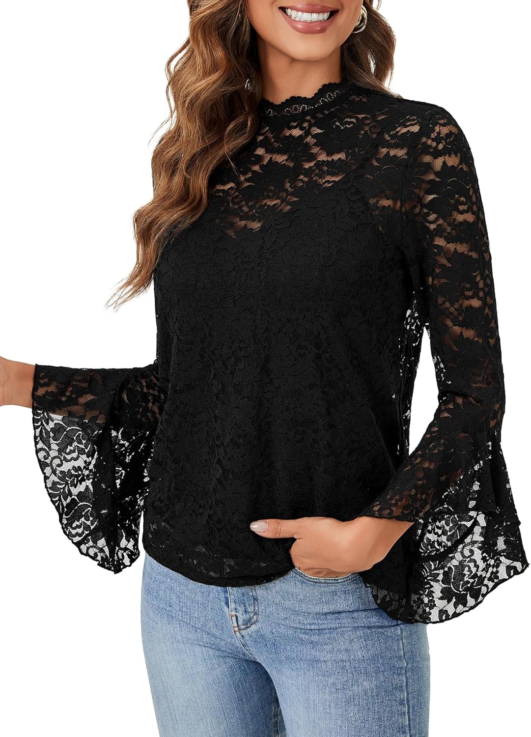 Vrtige Women's Elegant Lace Blouse Mock Neck Bell Long Sleeve Sheer Blouse Shirt Top - Image 3