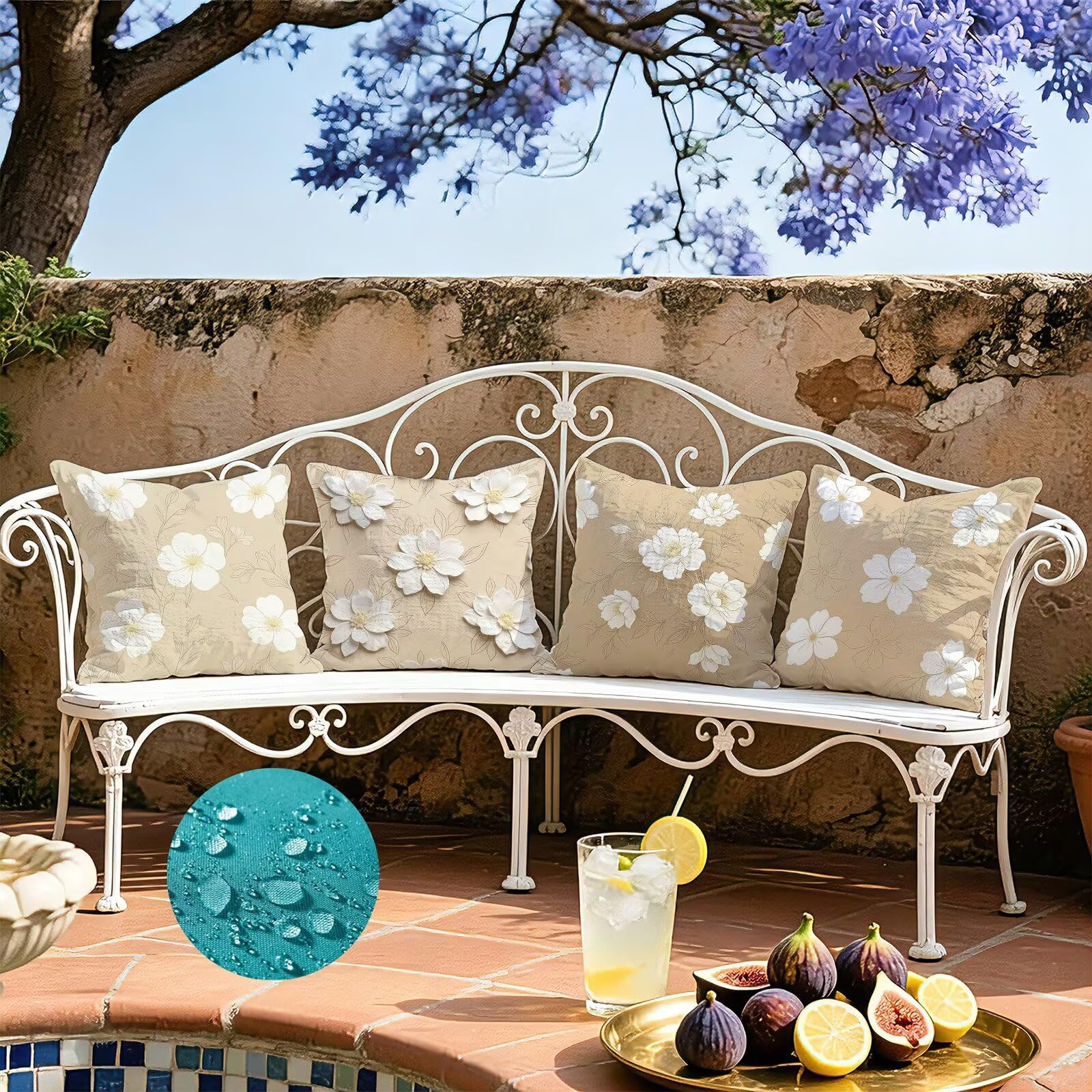 Beżowa poszewka na poduszkę 65 x 65 cm zestaw 4 poduszek outdoorowych | Aksamitna poszewka na poduszkę do salonu, na sofę, styl boho, 65 x 65 cm