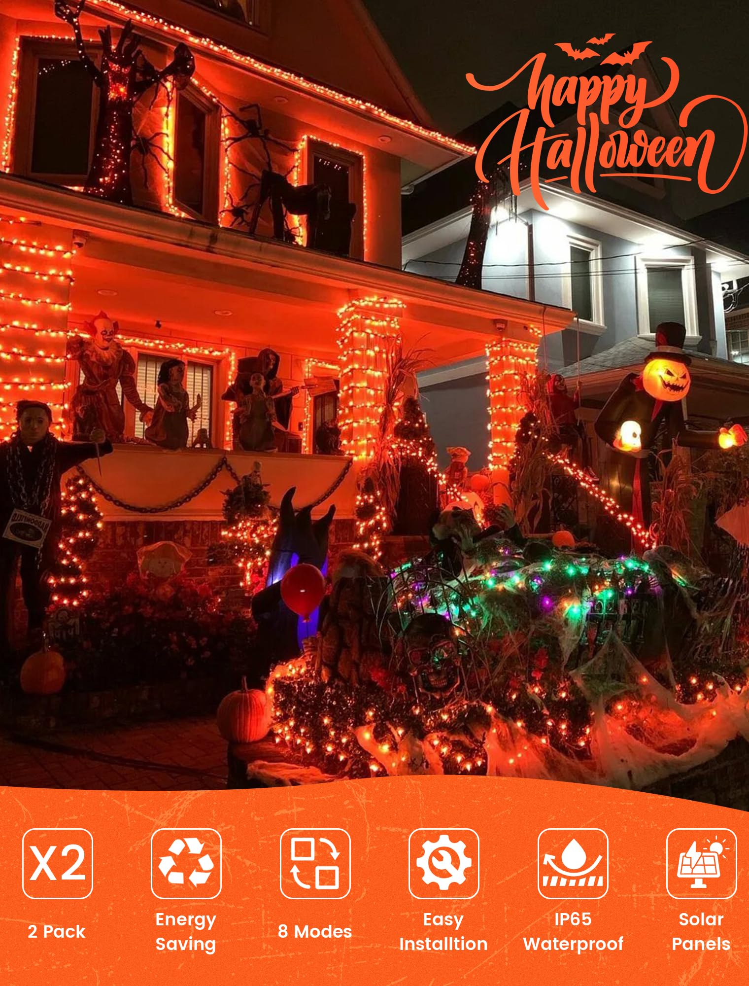 2 x orangefarbene Solar-Lichterkette für den Außenbereich, je 10 m, 100 LEDs, solarbetriebene Halloween-Lichterkette, wasserdichter Kupferdraht, funkelndes Licht für Thanksgiving
