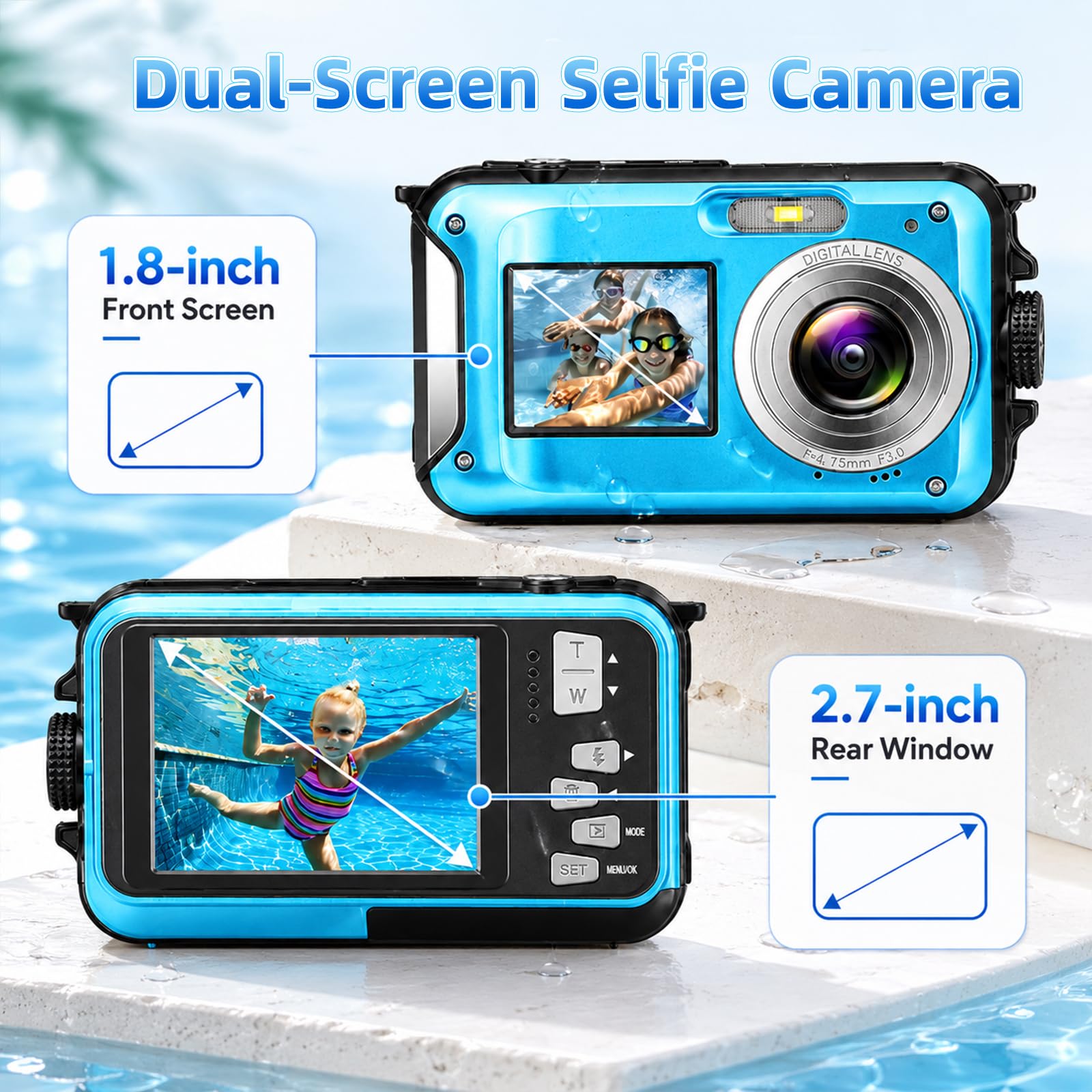 Fotocamera Digitale Impermeabile, Action Camera Subacquea HD 2.7K 48MP con Doppio Schermo per Snorkeling 3M per Nuotare, Zoom Digitale 16X Anti-Shake, Blu