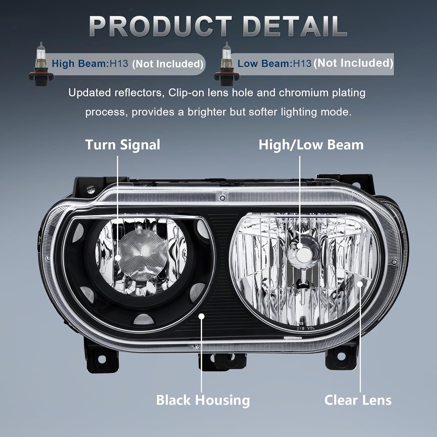 Headlights Assembly Compatible for 2008-2014 Dodge Challenger R/T Halogen Headlamps Black Housing Clear Reflector Driver and Passenger Side CH2502219 CH2503219